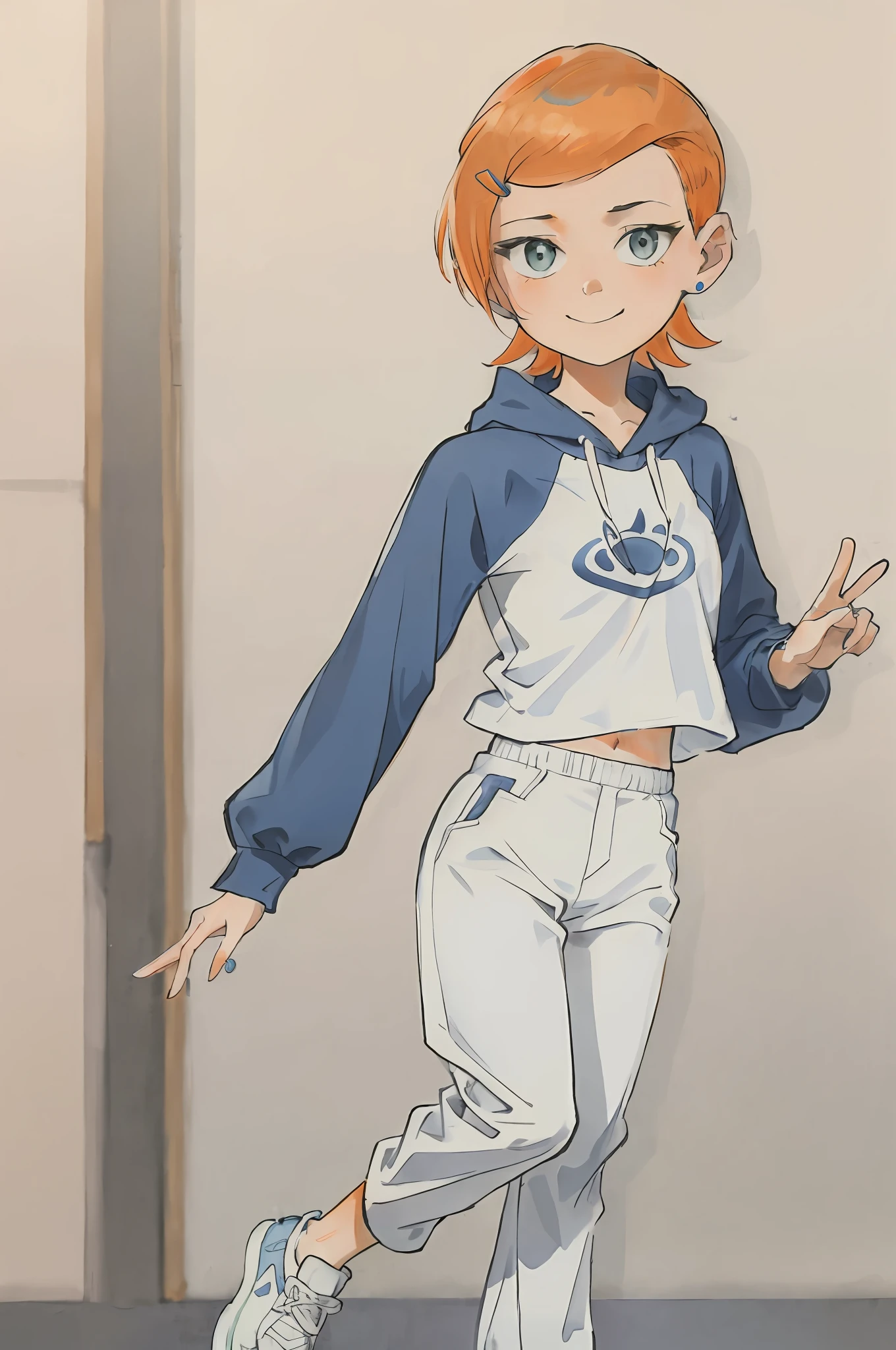 Masterpiece, best quality, Gwendolyn_tennyson, short orange hair, sideswept bangs, blue hairclip, dancing, small smile , blue hoodie, white pants, white sneakers