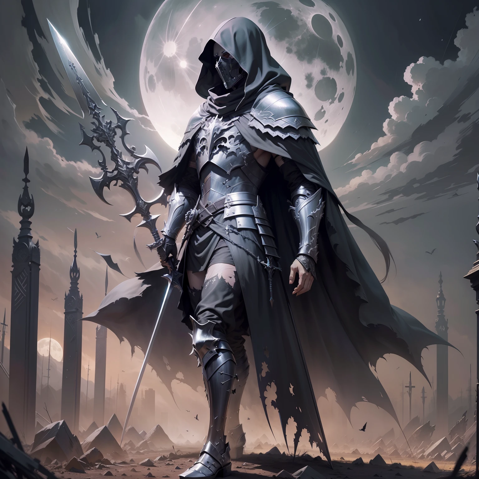 knight, death_knight, black armor, cape, many_crosses, broken lines, full_moon, long_hair, moon, planted, planted_swords, silhouette, sky, soil, sun, torn_clothes, veil, weapon, spears, torn_clothes, many_details, (high resolution illustration), masterpiece, (muted_colors), (grayscale)