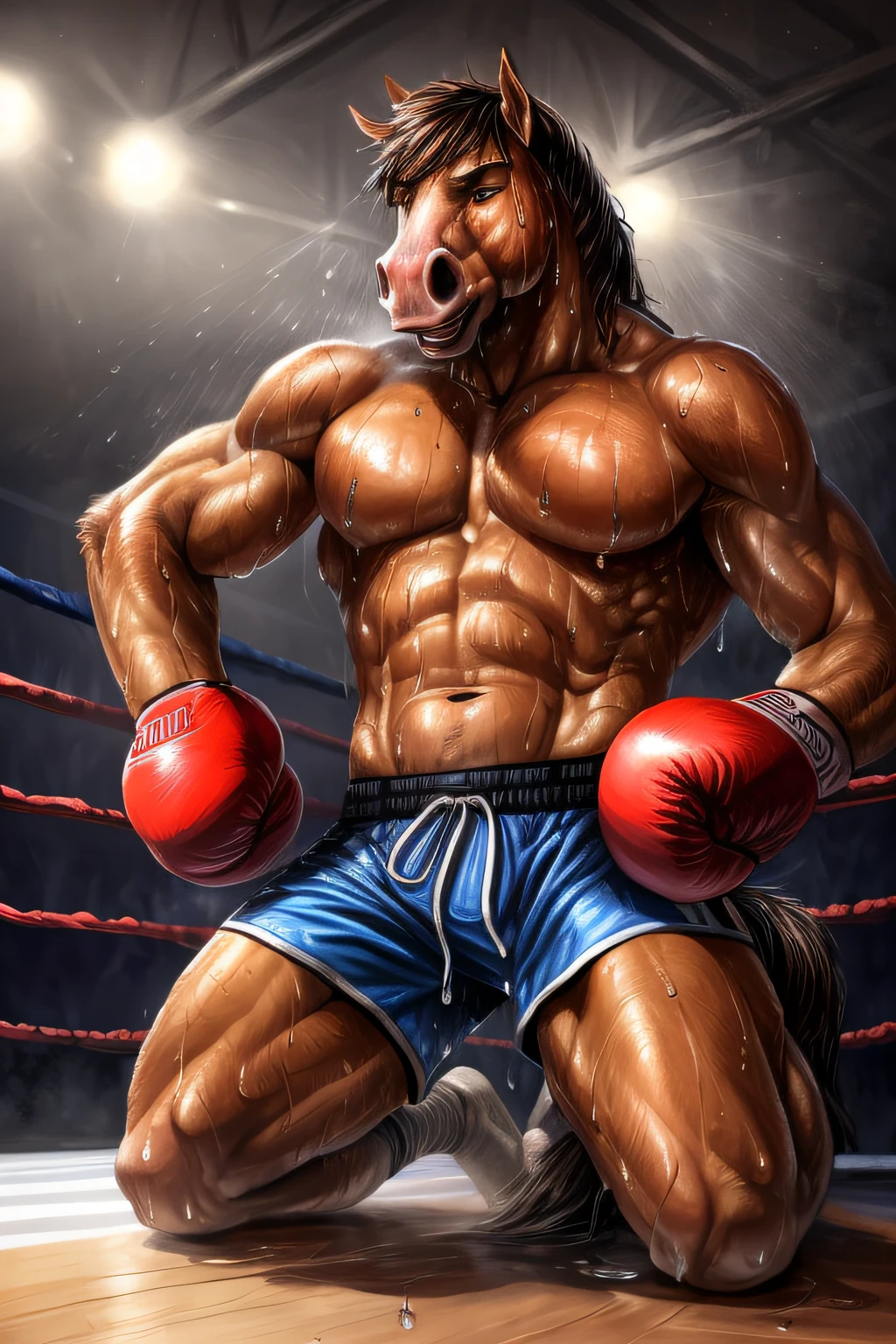 (hyperrealistic, ultradetailed, by kenket, natural lighting) ((male anthro horse)) with (muscles) and (athletic build), featuring (correct anatomy:1.4) and (detailed sweat droplets:1.7) glistening (sweat:1.4) and emphasized, (collapsed and bent down) with an (exhausted and panting steamy breath:1.3). (Sweat dripping:1.3) from his muzzle. He's wearing (boxing gloves) and (shorts), kneeling alone in the (boxing ring) showcasing his (hard work and dedication). Barefeet. (Plash of sweat:1.3) under him.