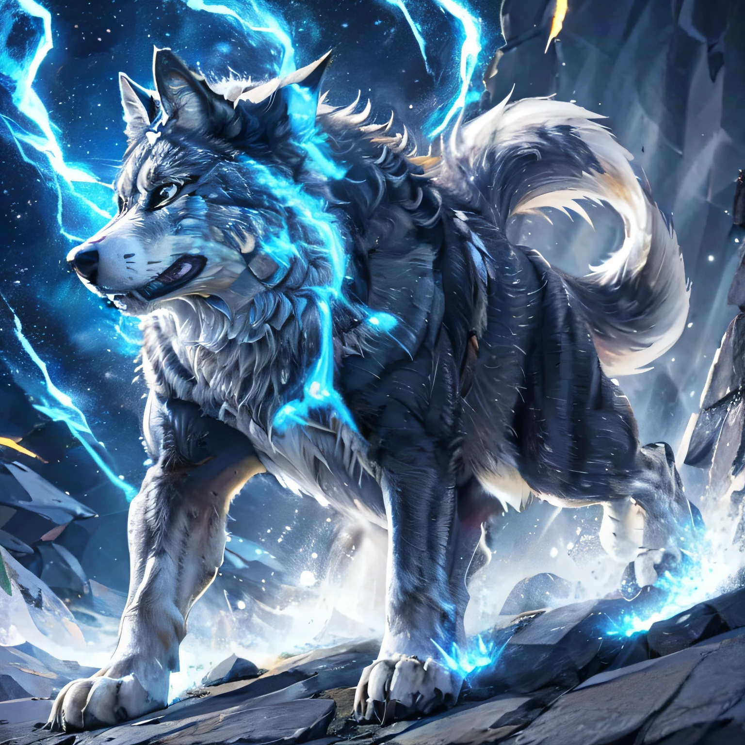 generate the image of the model TiagoTurilli on the scene with this wolf, in a wild and challenging environment. The lighting should be dramatic and dark, with a strong contrast between light and shadow to create a mood of tension. The scene should convey a sense of movement and action, with the wolf in an active and menacing position, projecting its strength and power.