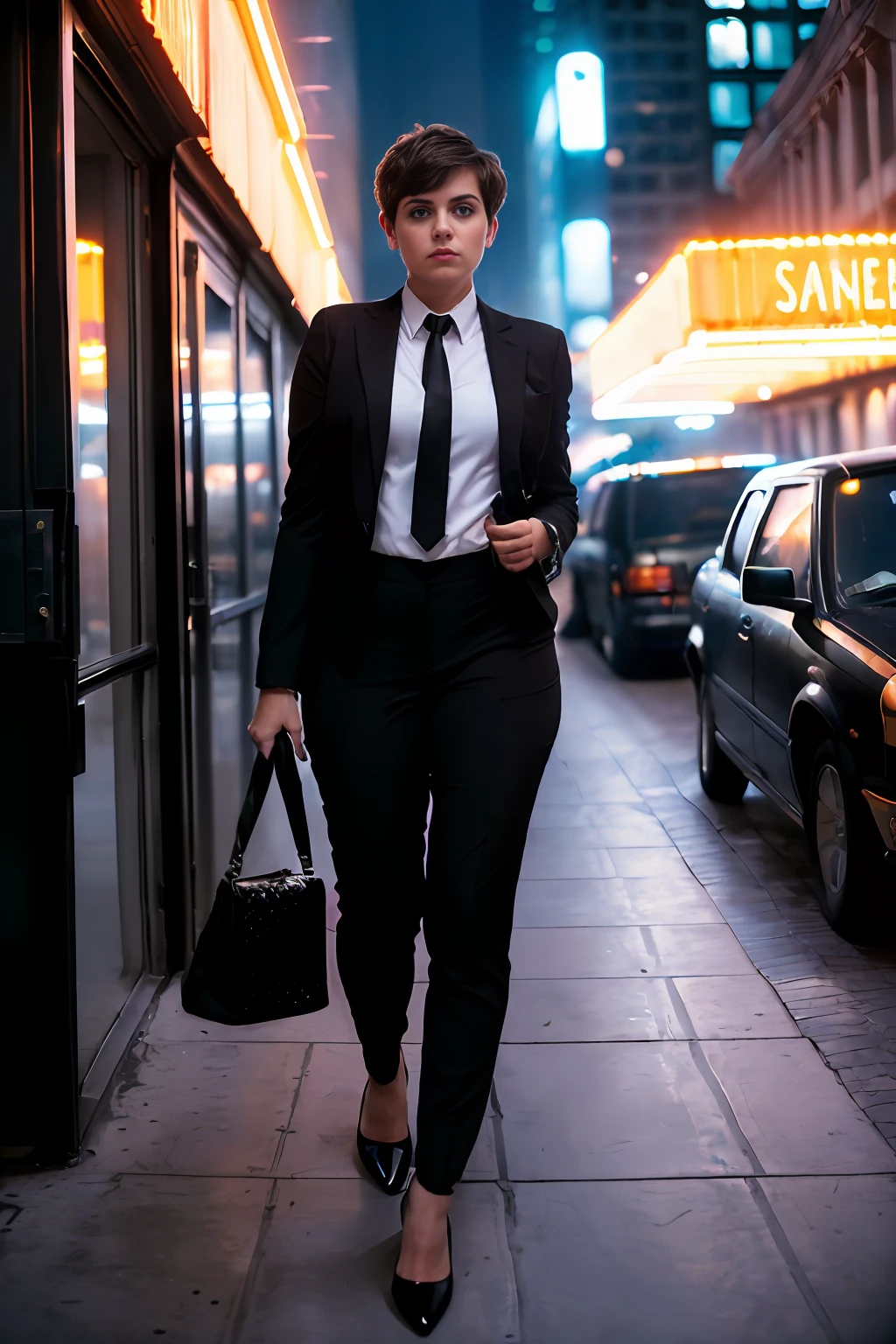 (A woman alone in the frame), (blurred background), she being a Brazilian, (chubby: 1.5), masculinized body, 1.58m tall, (chubby 70kg), (short hair: 0.3), (Pixie cut) (((straight hair))), (black hair), (round face: 1.7) wearing ((pants)) and (TOMBOY male black social suit), ((((black TOMBOY style))), (((black suit))), ((female tie))), with cured arms, ((((serious business woman pose))),  inside the office, (blurred background) (four fingers and a thumb), subsurface scattering, (sharp: 0.7) , [(color explosion psychedelic ink colors: 1.21):: 0.05], amazing fine details, Nikon D850 film photography Kodak Portra 400 camera f1.6 lens, rich colors, realistic texture, dramatic lighting, urban environment, skyscrapers, neon signs, street vendors, dynamic composition, unreal mechanism, trend in ArtStation,  cinestill 800 tungsten