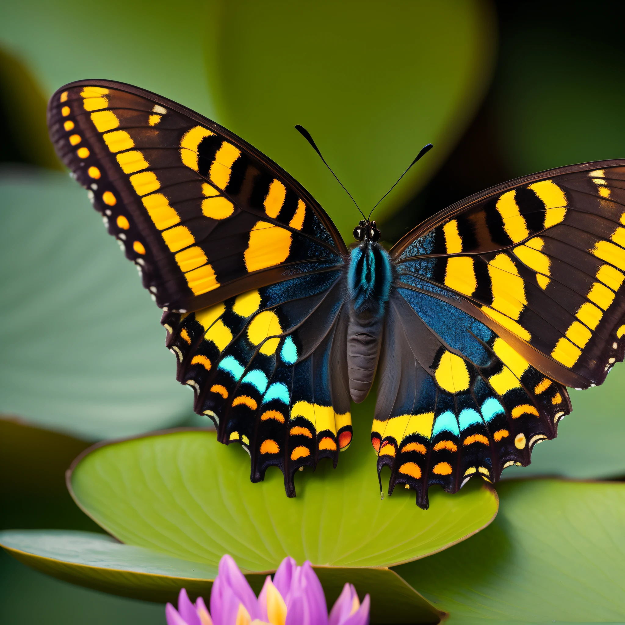 Nature, Butterfly Swallowtail on a water lily flower, macro, close-up, full frame, super high-quality details and textures, photorealistic, Sony FE 90mm F2.8 Macro G OSS, hdr 10, 8k, soft natural lighting, stunning clarity, light vignetting, natural environment, extremely detailed cg unity 8k wallpaper, high detail, photorealistic painting art by midjourney and greg rutkowski, matte, bryan organ