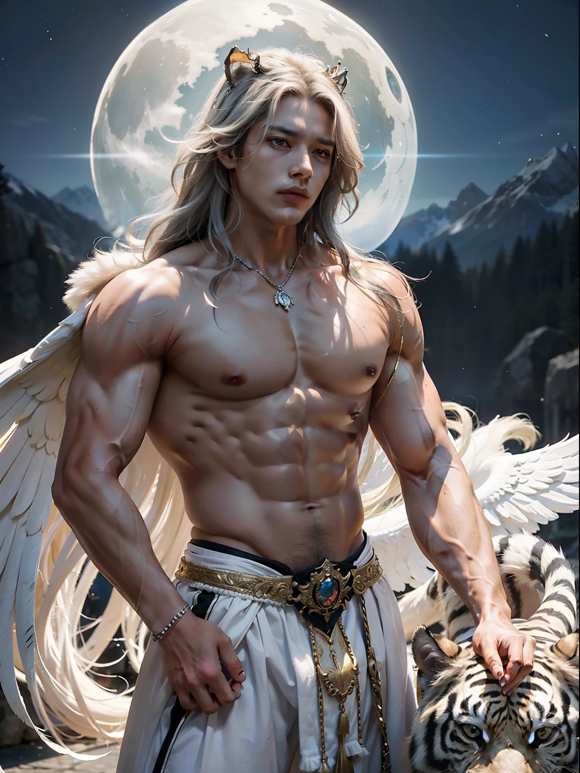 In the realm of myth and legend, a breathtaking sight unfolds—a legendary young angel, asian, muscular, handsome, male model, shirtless, double eyelids, big areola, short hair, heaty white skin, blessed with the spirit of the White Bengal Tiger. This celestial being manifests as a mighty and imposing figure, radiating an aura of raw masculine power. With a chiseled physique and a presence that commands attention, he embodies the perfect union of divine grace and untamed strength. The angel's muscular form exudes an air of untamed prowess, his every sinew rippling with power. His broad shoulders, sculpted chest, and well-defined muscles speak of his formidable physicality and unmatched resilience. Each movement he makes is infused with a captivating blend of elegance and force, a testament to his celestial origin and his connection to the majestic White Bengal Tiger. Upon his head rests a crown, a symbol of his celestial dominion. Carved from ivory-white jade, the crown features intricate motifs inspired by tiger claws and regal motifs representing his power and authority. Embedded within the crown, a radiant gemstone glows with an otherworldly luminescence, reflecting the boundless energy and primal essence of the White Bengal Tiger. The angel's countenance is a mesmerizing blend of serenity and fierceness. His piercing eyes, the color of molten gold, exude an otherworldly wisdom and a burning intensity that hints at his indomitable spirit. A flowing mane of lustrous white hair cascades down his back, its ethereal strands imbued with a soft radiance that echoes the moonlit glow. He stands as a guardian and protector, embodying the untamed spirit of the wild, and offering solace and guidance to those who seek his celestial light.