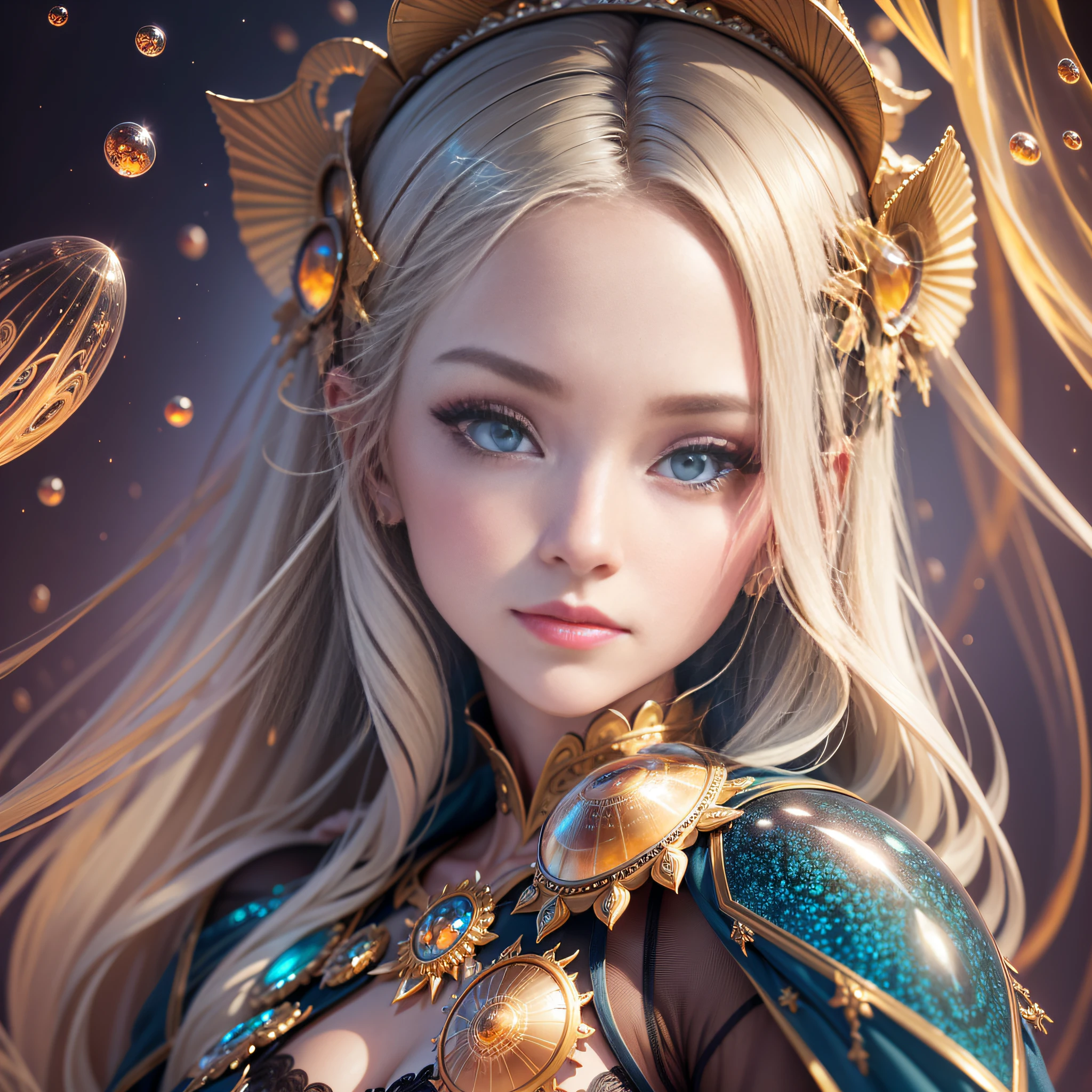Portrait of a stunningly beautiful jellyfish woman, by McKay, hyperdetailed, Stunningly gorgeous 3/4 portrait of a portrait of a beautiful woman with ocean accents and jellyfish around her, starfish, shells, pearls, opals, jellyfish tentacles, beach, sea, bioluminescent, opalescent, translucent, radiant skin and long eyelashes, luminous clear eyes, hyper detailed face and eyes, rich textures and colors, the woman is looking directly at the viewer with an intense gaze, perfect hands, captivating, enchanting, magical, ethereal, radiant, luminous, intense, whimsical, fun, happy, thought provoking, colorful background, composed using the golden ratio, perfect lighting by Vladimir Volegov, The portrait is radiant reflective and shining, flickers of light, well lit, sunbeams, Extreme camera angles and Chiaroscuro, Inspired by the works of Lori Earley, Francesco Scavullo, Thomas Kinkade, Tim Burton, and Audrey Kawasaki, The image is centered, with a focus on approaching perfection through the use of the 60-30-10 color rule. The composition is highly detailed. The entire image is in frame. Emphasizing clear reflective eyes, white whites of eyes, the golden ratio is used to create balanced compositions, and the overall feeling is highly polished, sf, intricate artwork masterpiece, movie poster, golden ratio, trending on cgsociety, 8K, perfect composition, award winning