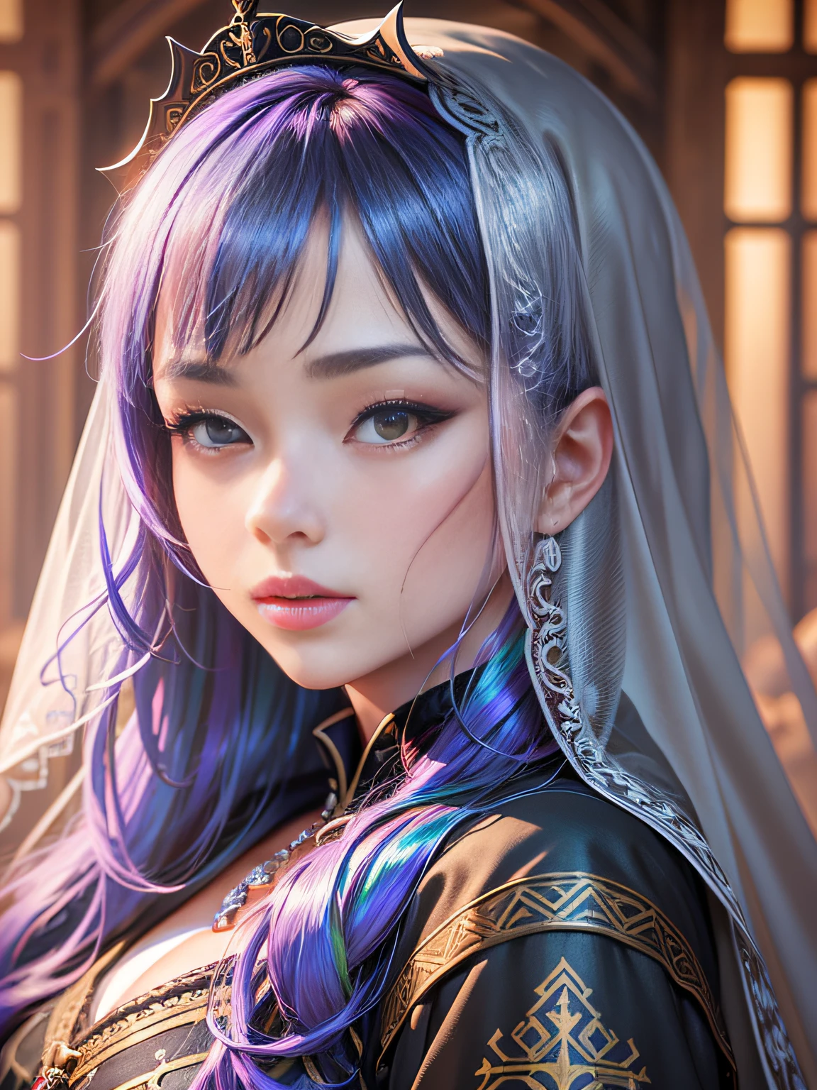 sakimichan style, wlop style, portrait, finely detailed face, beautiful woman, plump lips, opaque veil, medieval veil, headrail, 12th century, heterochromia eyes, iridescent eyes, medieval clothing, bliaut, lord of the rings gown, close to perfection, beautiful anime style, character panorama, clean and detailed face, glowing shadows, beautiful gradients, depth of field, clean Graphics, high quality, high detail, high definition, Luminous Studio graphics engine