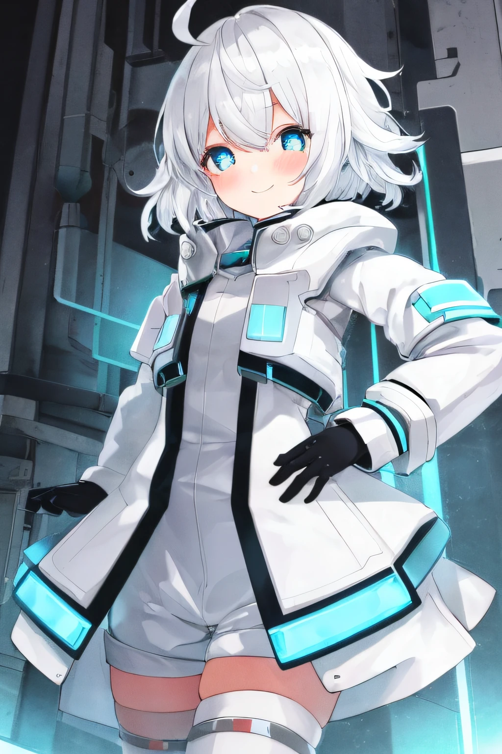 1girl, solo, white hair, short hair, hair between eyes, bangs, white shorts, white parka, gloves, flat chest, wide hips, thighhighs, cyan eyes, petite, small pupils, blush, android, round eyes, glowing cyan eyes, mechabare, mechanical parts, shy, smile, messy hair,