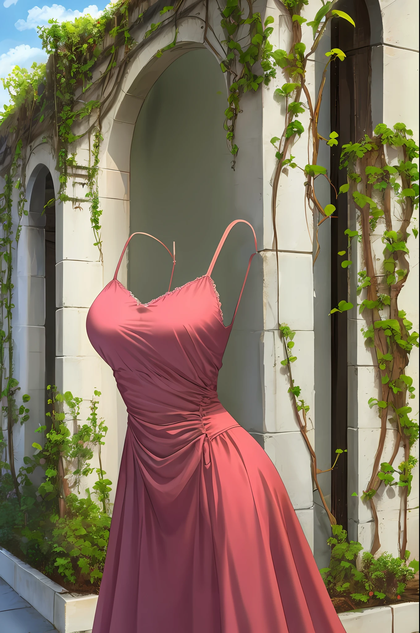 masterpiece, best quality, 1girl, solo, upper body, looking at viewer, large breasts, tight, faceless, mature female, invisible, sleeveless dress, pink dress, ((((no humans)))), (headless), amputee, quadruple amputee, empty clothes inside, anime, curves, closeup on breasts
