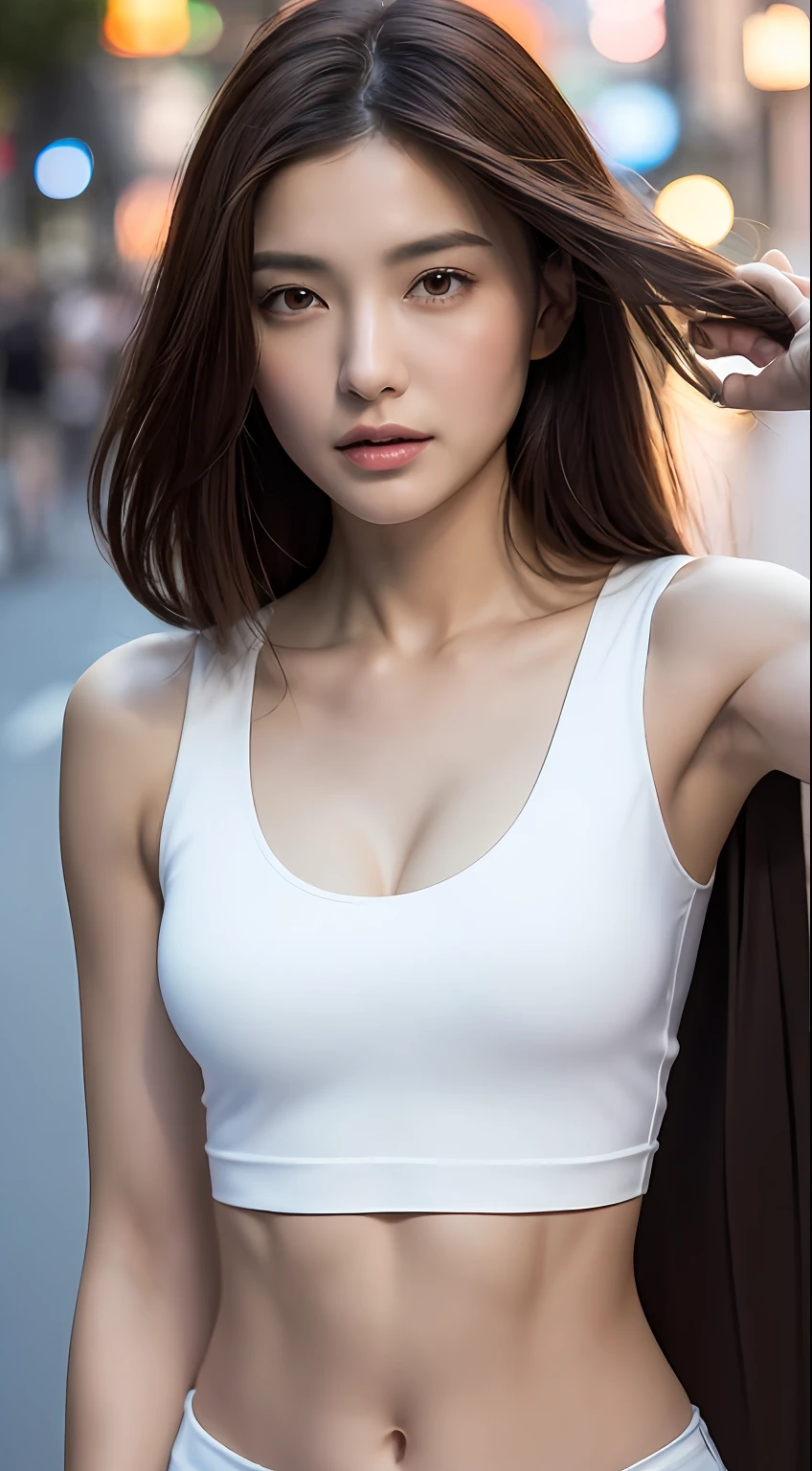 ((Realistic lighting, Best quality, 8K, Masterpiece: 1.3)), Clear focus: 1.2, 1girl, Perfect Figure: 1.4, Slim Abs: 1.1, ((Dark brown hair)), (White crop top: 1.4), (Outdoor, Night: 1.1), City streets, Super fine face, Fine eyes, Double eyelids,