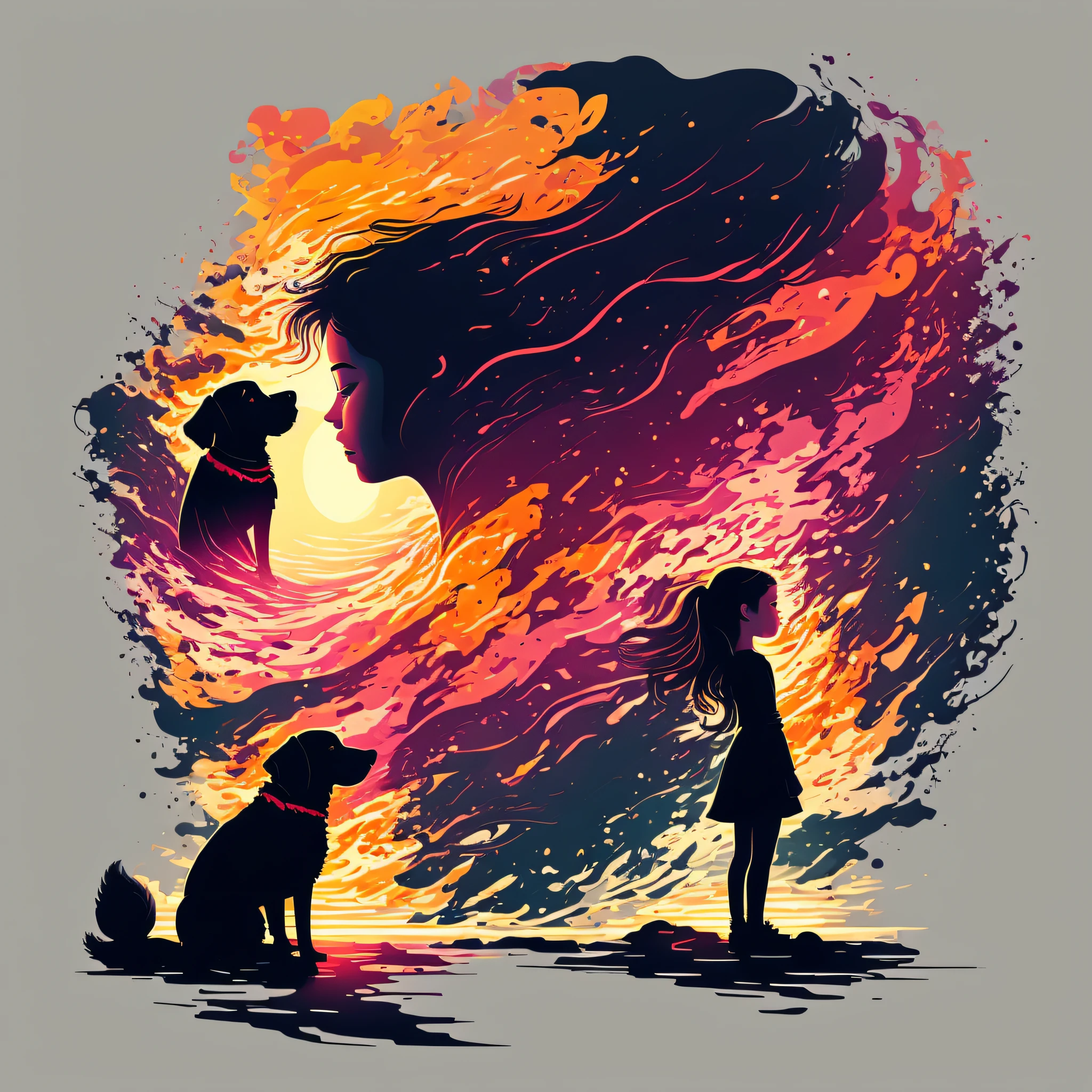 A young girl and her loyal dog stand together against the backdrop of a beautiful sunset. The style of the artwork is minimalist, with clean lines and bold colors. The mood is peaceful and serene, with the girl and dog looking content and happy, The lighting style of the graphic is warm and golden, with the sun casting long shadows across the ground, T-shirt design graphic, vector, contour, white background