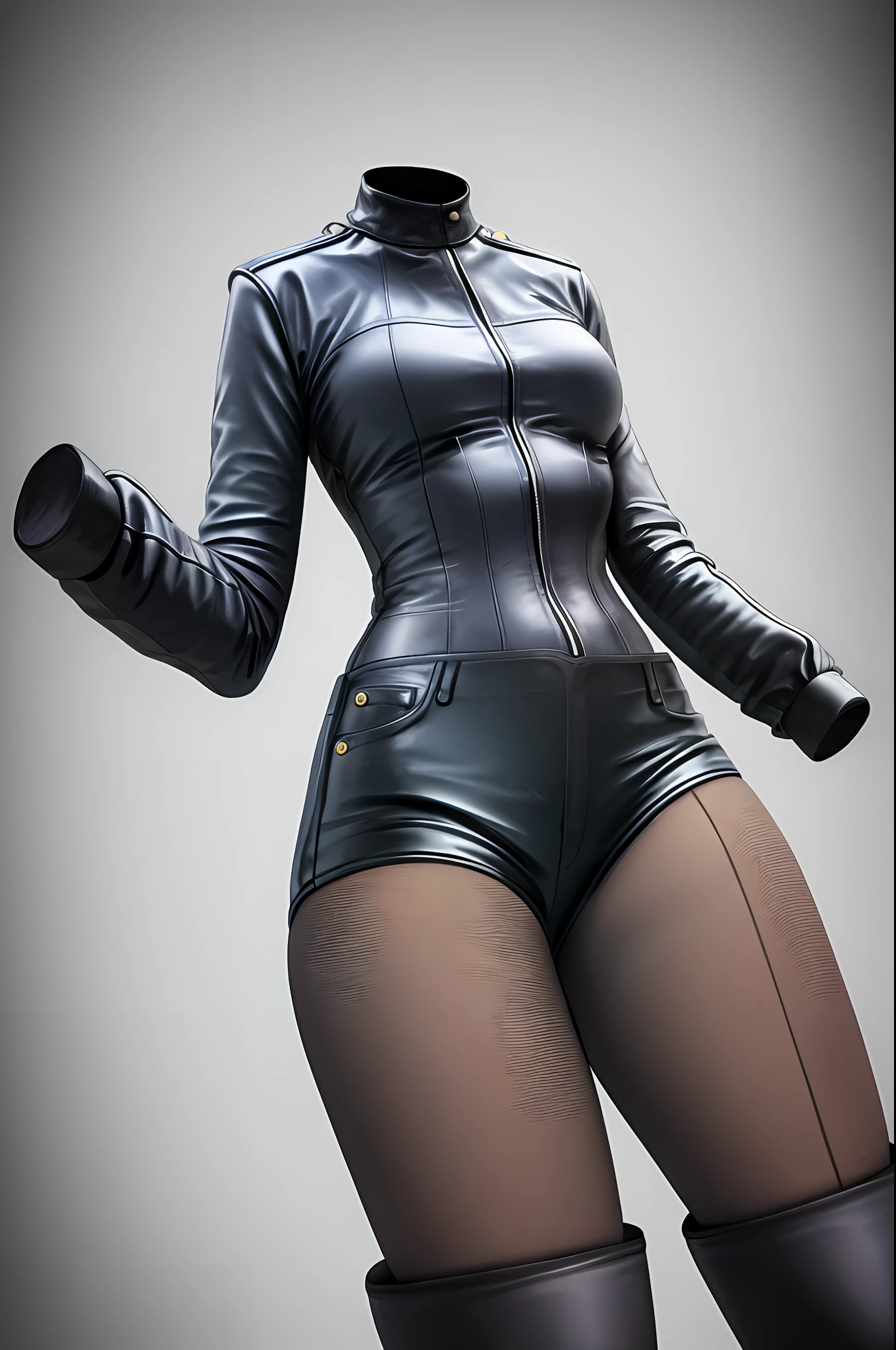 masterpiece, best quality, 1girl, solo, invisible, leather shorts, high-knee socks, ((((no humans)))), (headless), faceless, empty clothes, anime, curves, focus on legs