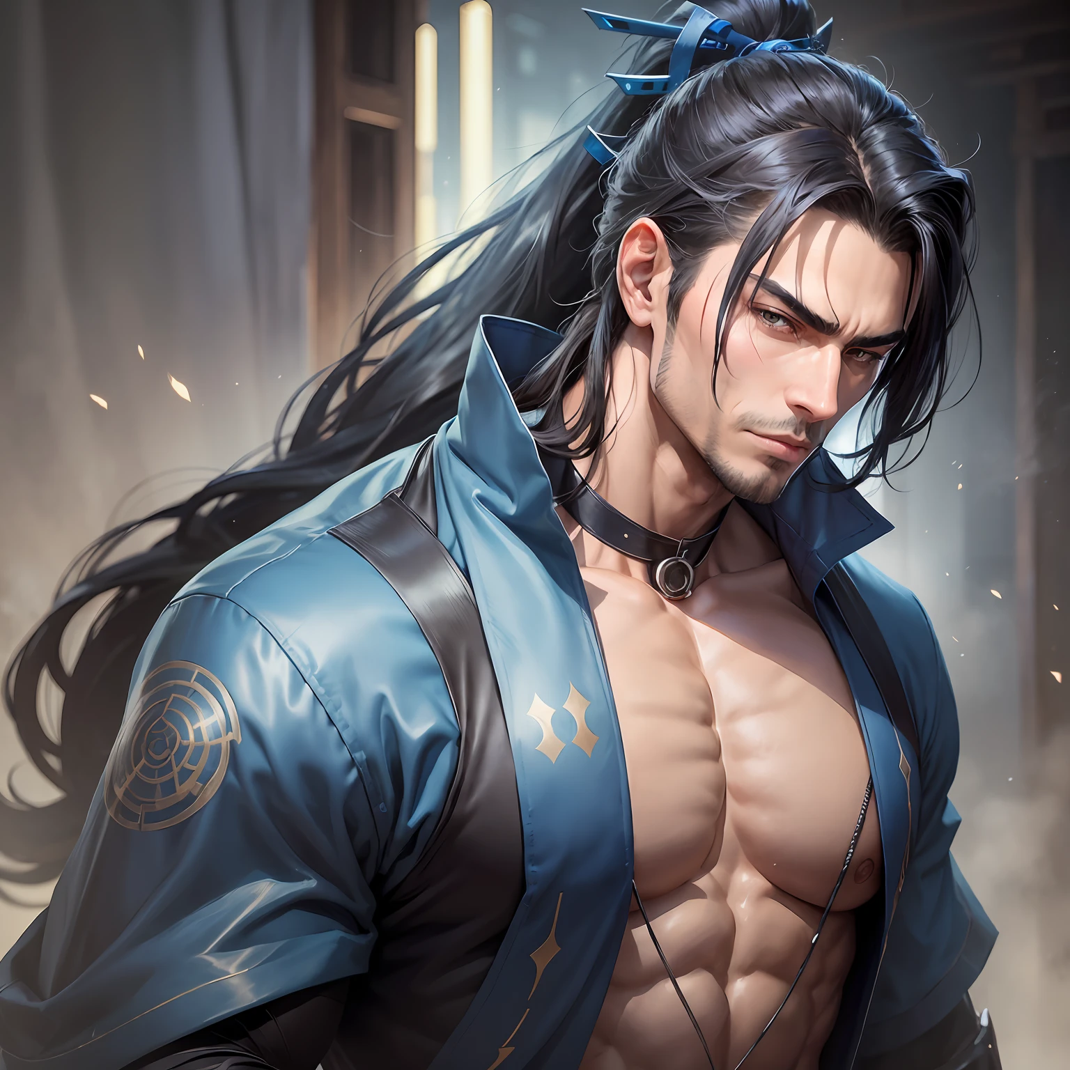 1male, surprisingly handsome and powerful with a muscular build-up, his long black hair pulled back into an elegant and voluminous ponytail, eyes of two piercing dark glowing, dressed in Japanese clothes, Japanese wanderer, clothes in blue, cloth around his neck in blue partially covering his face, comkatana, yasuo, lege the legends.