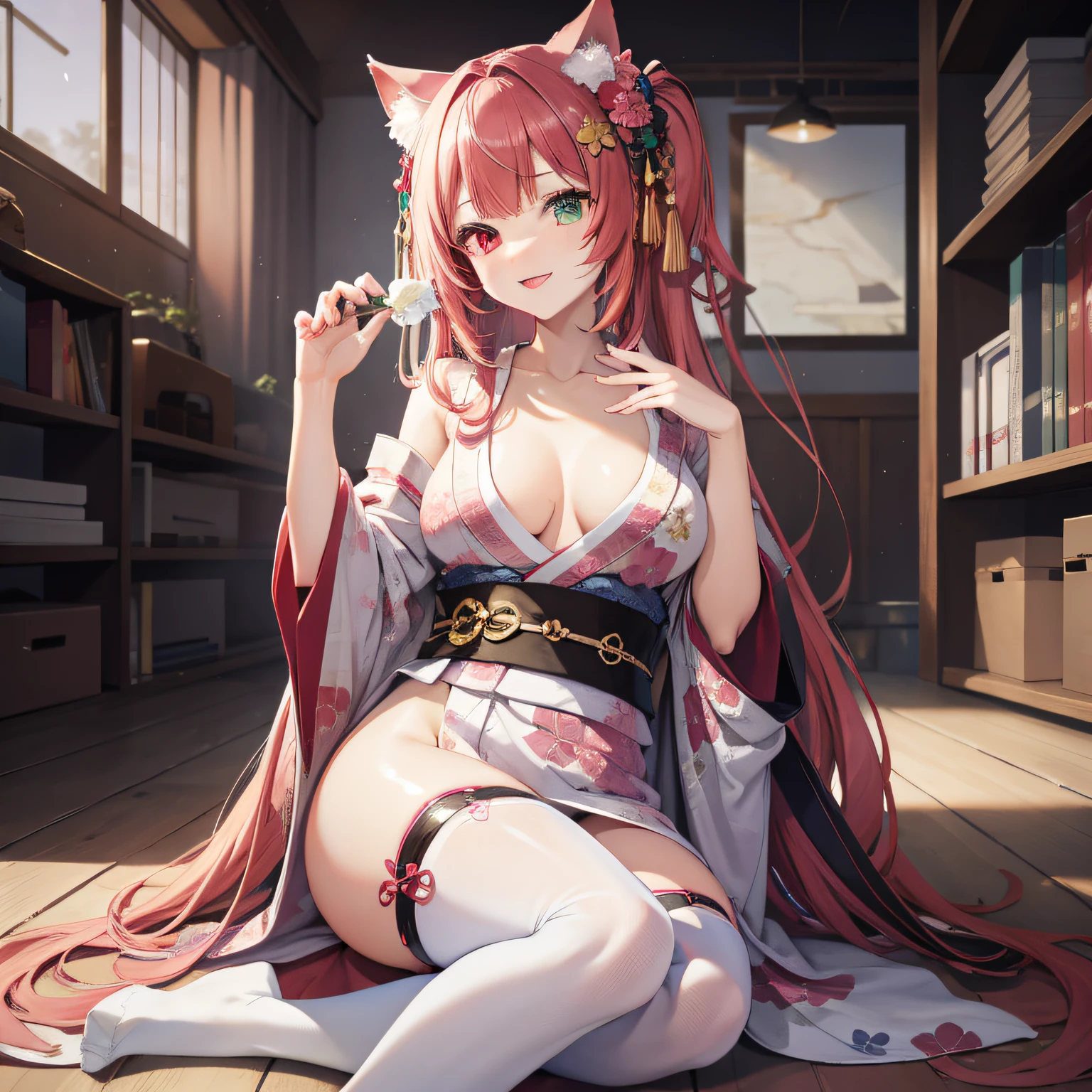 masterpiece, high resolution, high quality, NSFW, pink kimono, big, cat ears, floral, heterochromia, red hair, long hair