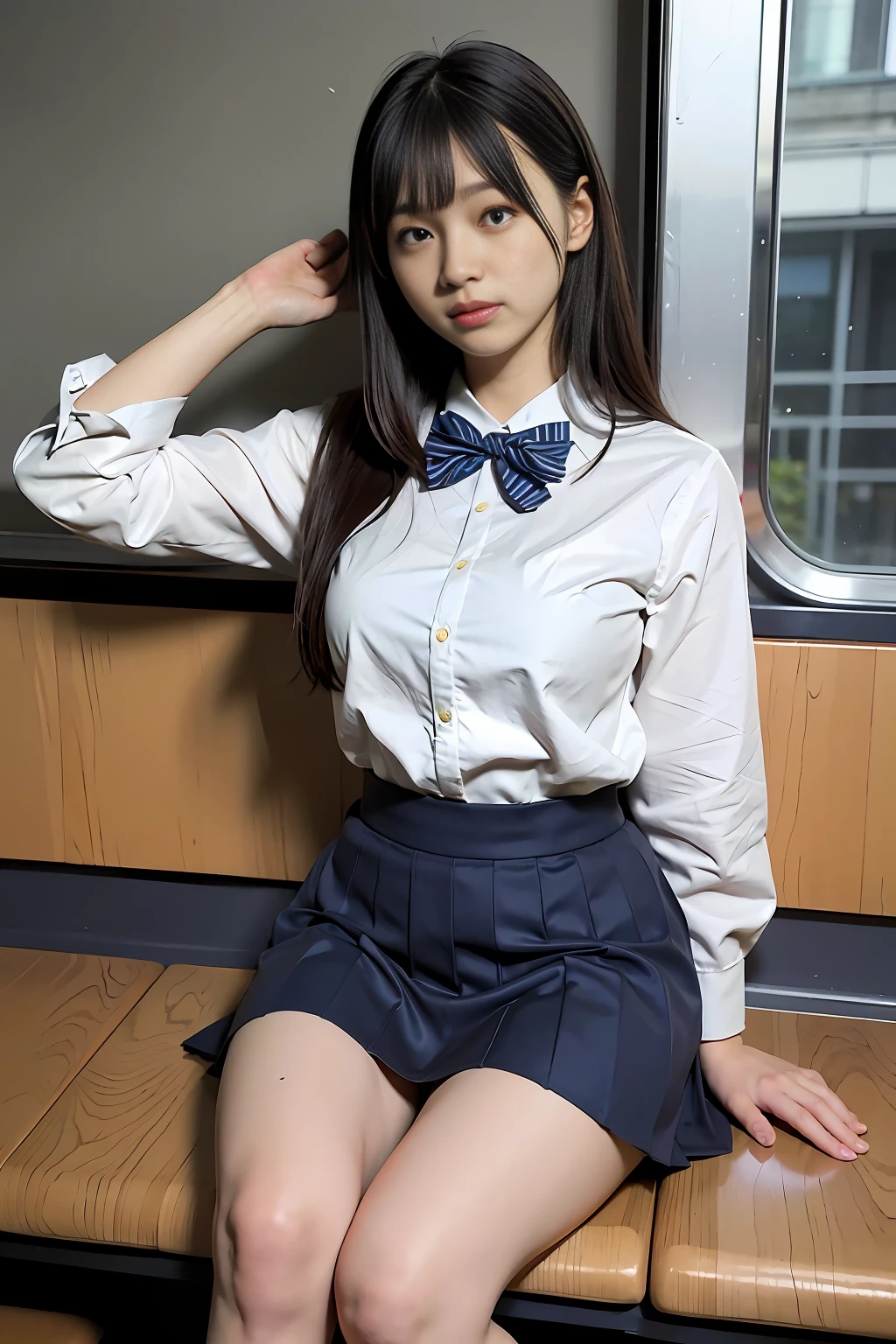 arafed asian woman in a short skirt and bow tie sitting on a train, cute schoolgirl, japanese girl school uniform, wearing japanese school uniform, japanese school uniform, a hyperrealistic schoolgirl, dressed as schoolgirl, hyperrealistic schoolgirl, wearing school uniform, realistic schoolgirl, girl wearing uniform, wearing a school uniform, of a schoolgirl posing, full body, nice skin, glowing skin, nice thighs,glowing thigh, glowing legs, ((panty))