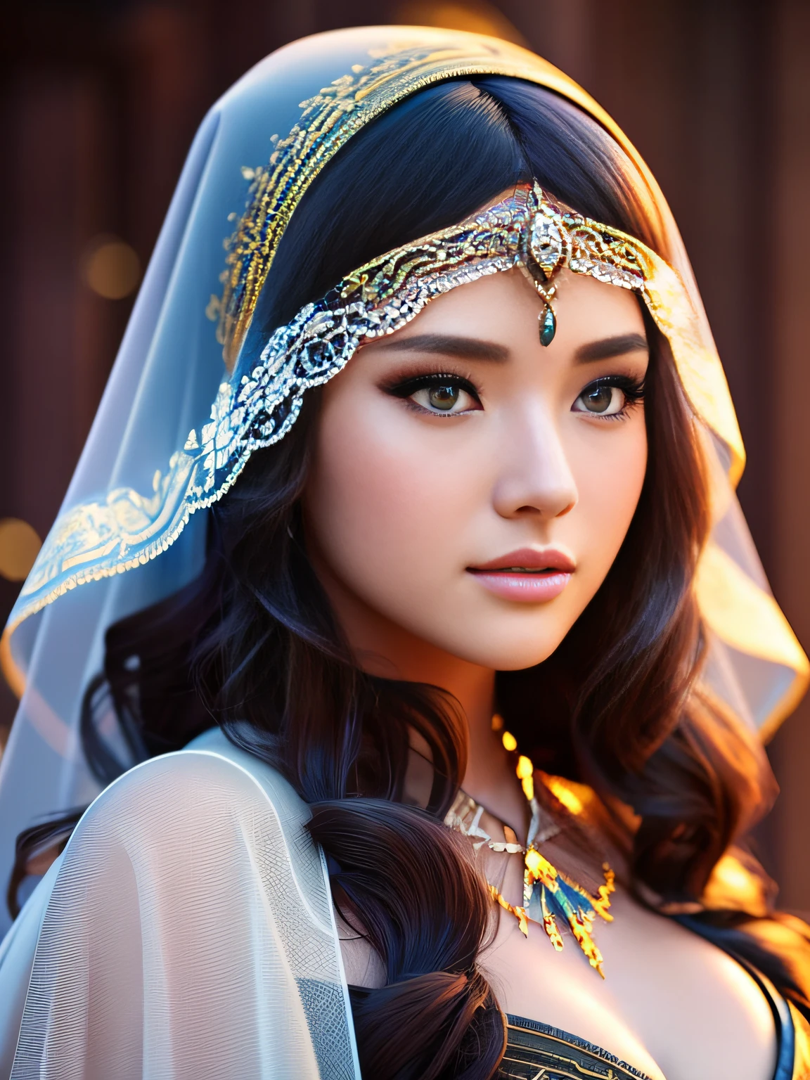 sakimichan style, wlop style, portrait, finely detailed face, beautiful woman, plump lips, opaque veil, medieval veil, headrail, 12th century, heterochromia eyes, iridescent eyes, medieval clothing, bliaut, lord of the rings gown, close to perfection, beautiful anime style, character panorama, clean and detailed face, glowing shadows, beautiful gradients, depth of field, clean Graphics, high quality, high detail, high definition, Luminous Studio graphics engine