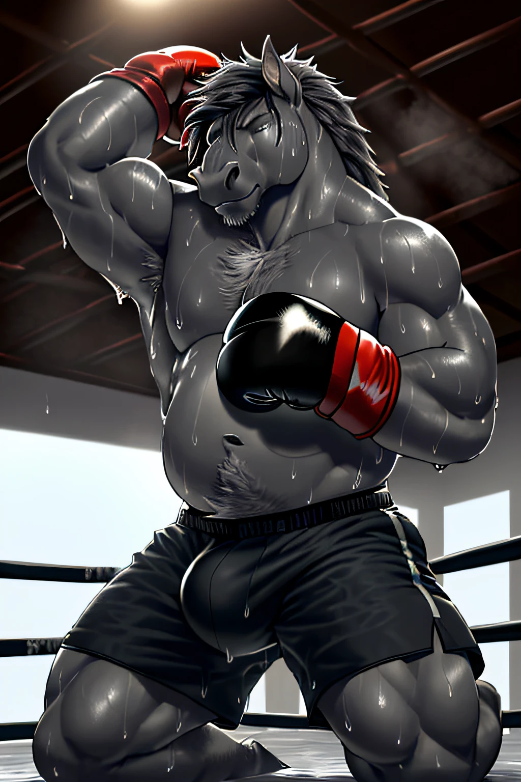 ((solo)), anthro drafthorse, (grey fur, black mane, darker nose and hands:1.3), ((equine face)), male, late twenties, athletic, abs, (veiny, ripped muscles, flat belly:1.3), (correct anatomy, heavy build, massive body, wide hips, wide torso), (realistic fur, detailed fur texture:1.5), detailed background boxing hall, photorealistic, (shorts, boxing gloves:1.3), (bulge with outline:1.2), bare torso, (detailed clothing), hyperrealistic, ultradetailed, by kenket, natural lighting, (sweat, wet, exhausted:1.4), kneeling down, bend down position, epic, steaming breath clouds