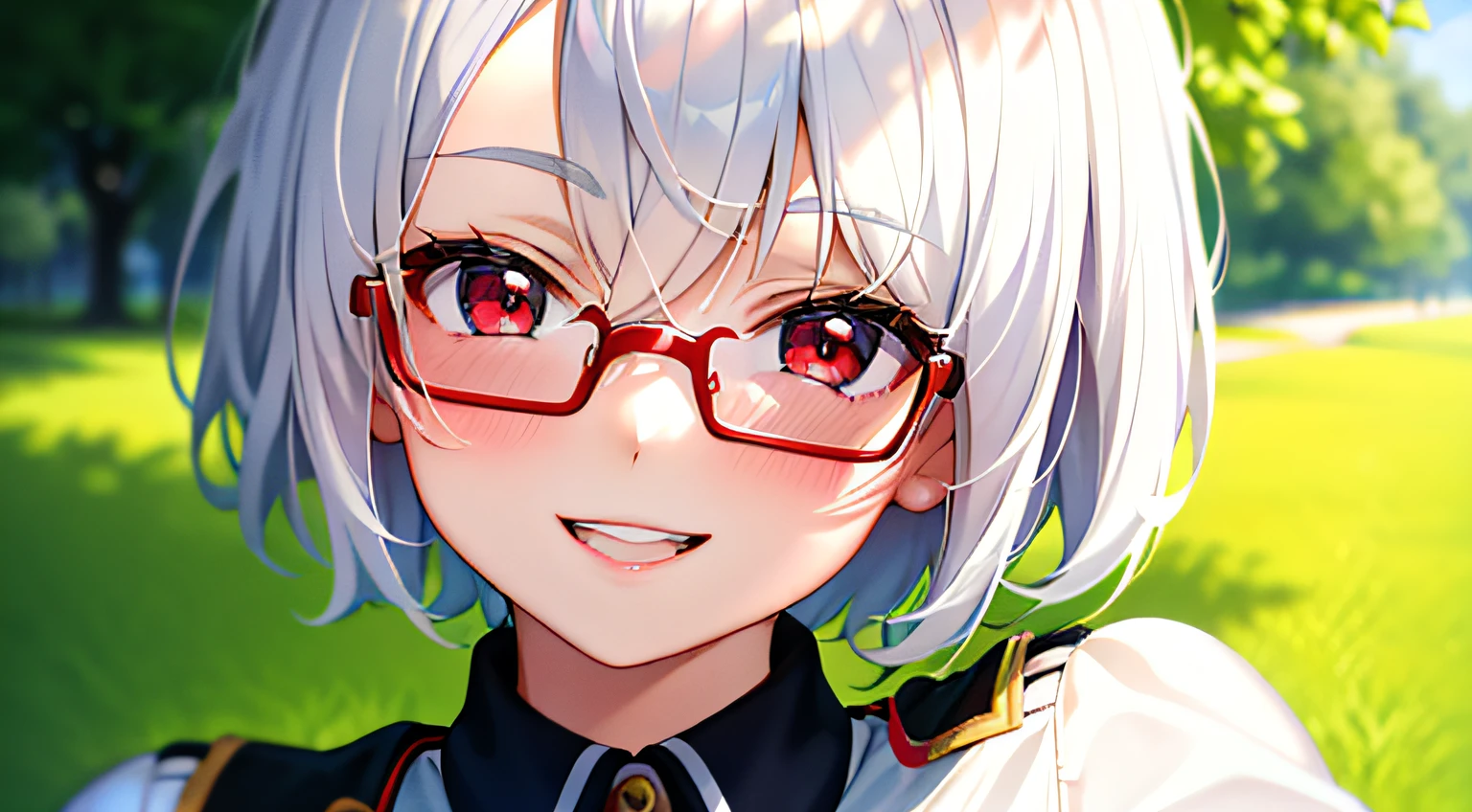 masterpiece , a girl, in park, ( lite white short hair:1.2), (red eyes:1.2), (uniform:1.2), (looks at the viewer:1.2) , (8k, best quality 1.2), ultra-detailed, 8k uhd, soft lighting, high quality, film grain, beautiful lighting, cinematic ,perfect body , best illumination, best shadow, sharpness, contrast, red glasses, blush, children, big smile