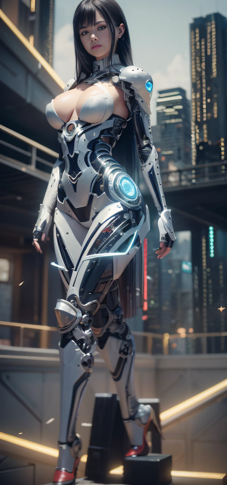 (from the front: 1.2), (full body: 1.5), (1 mechanical girl: 1.5), (solo:1.5), alien technology, alien, beautiful detailed background, octane rendering, 8k, best quality, masterpiece, illustration, extremely refined and beautiful, detailed, very detailed, CG, unity, wallpaper, amazing, fine details, realistic art: 1.2, masterpiece, best quality, official art, extremely detailed CG unity 8k wallpaper, ((long black straight hair,))), dark knight, red eyes, beautiful face, upper body, (black armor and red robe,) looking at the view realistic photos, evil laugh , (hiqcgbody), perfect female figure, earrings, narrow waist, (view of the view), alluring, prestige, (fire, interior, ruins), (machine-made joints: 1.2), (mechanical limbs: 1.1), (blood vessels connected to tubes), (mechanical vertebrae attached to the back), (mechanical neck attached to the neck), lamps on armor, mecha head glass, (glowing arms: 1.5), (laser eyes: 1.5), expressionless, huge breasts, very long hair, colorful, HDR, ray tracing, nvidia rtx, super resolution, unreal 5, subsurface scattering, PBR texture, post-processing, anisotropic filtering, depth of field, maximum sharpness and sharpness, rule of thirds, 16k raw, (luminous particles:1.4), extremely detailed CG, Unity 8k wallpaper, 3D, cinematic lighting, lens flares, reflections, sharp focus, cyberpunk art, realistic, highly detailed CG illustrations, extremely refined and beautiful cinematic light, (Realistic: 1.5), (Dark background: 1.5), Dynamic angle, Masterpiece, Best Quality, Ultra Detailed, Illustration, Detailed Light, dramatic_shadow, Face Shadow, Extra Detail, Best Performance,