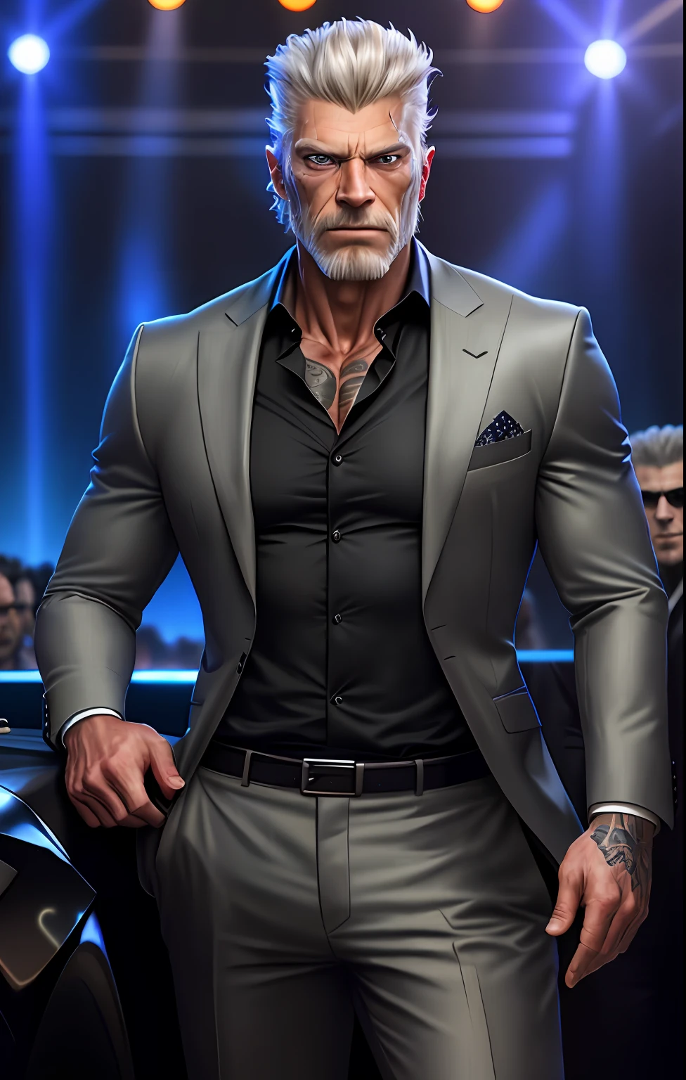 Extremely detailed, very realistic, very sharp, hyperrealistic, best quality, masterpiece, 50 age, tall muscled, grizzled stylish hair, stubble, Stephen Lang, ((scars)), pants, evil, (((nightclub))), (suit), full shot, neon, tattoos