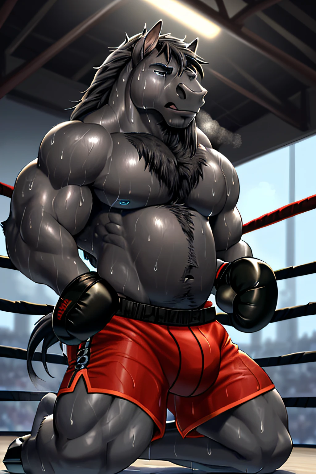 ((solo)), anthro drafthorse, (grey fur, black mane, darker nose and hands:1.3), ((equine face, blue eyes)), male, late twenties, athletic, abs, (veiny, ripped muscles, flat belly:1.3), (correct anatomy, heavy build, massive body, wide hips, wide torso), (realistic fur, detailed fur texture:1.3), detailed background boxing hall, photorealistic, (shorts, boxing gloves:1.3), (bulge with outline:1.2), bare torso, (detailed clothing), hyperrealistic, ultradetailed, by kenket, natural lighting, (sweat, wet, exhausted:1.4), kneeling down, bend down position, epic, steaming breath clouds