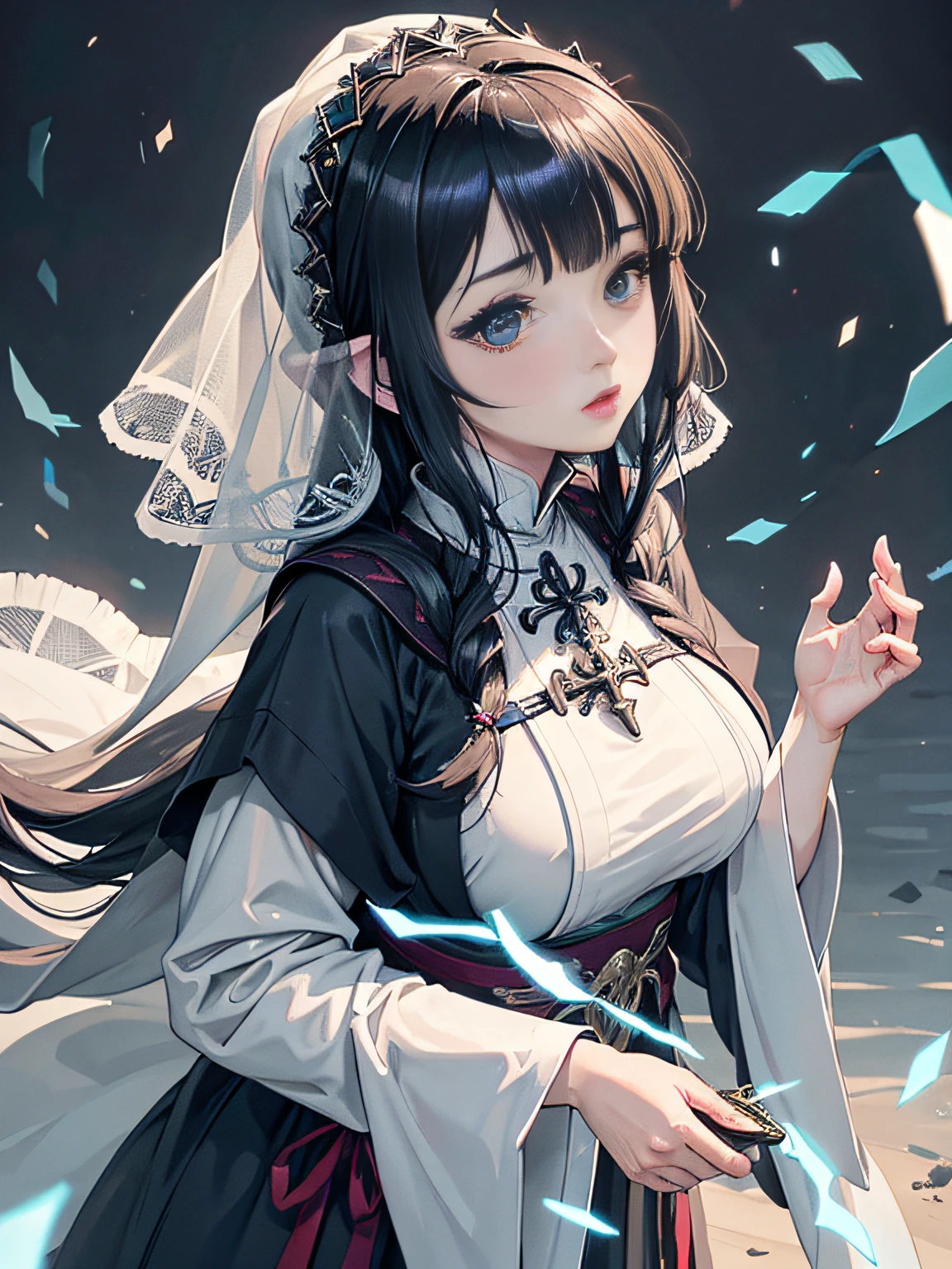 sakimichan style, wlop style, portrait, finely detailed face, beautiful woman, plump lips, opaque veil, medieval veil, headrail, 12th century, heterochromia eyes, iridescent eyes, medieval clothing, bliaut, lord of the rings gown, close to perfection, beautiful anime style, character panorama, clean and detailed face, glowing shadows, beautiful gradients, depth of field, clean Graphics, high quality, high detail, high definition, Luminous Studio graphics engine, big tits, camera looking down on her
