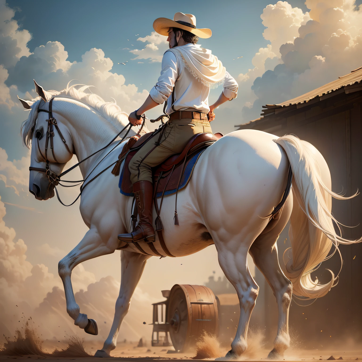 A very simple man walking on a dusty road heading towards a distinguished rider wearing a beautiful hat and riding a beautiful white horse, --Air 3:2 --4K