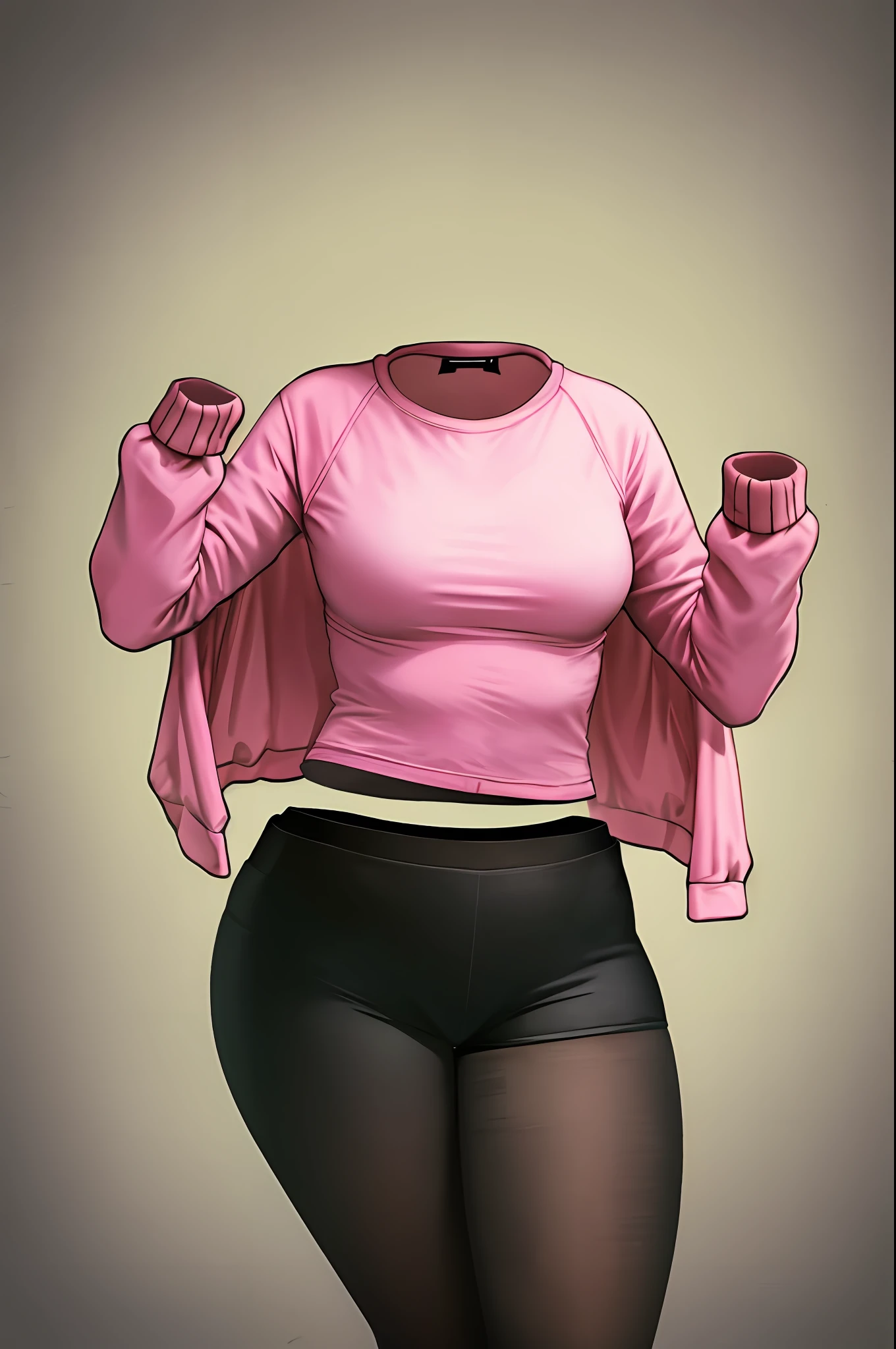 masterpiece, best quality, 1girl, solo, invisible, biker shorts, pink shirt, ((((no humans)))), (headless), faceless, empty clothes, anime, curves, focus on legs, medium breasts