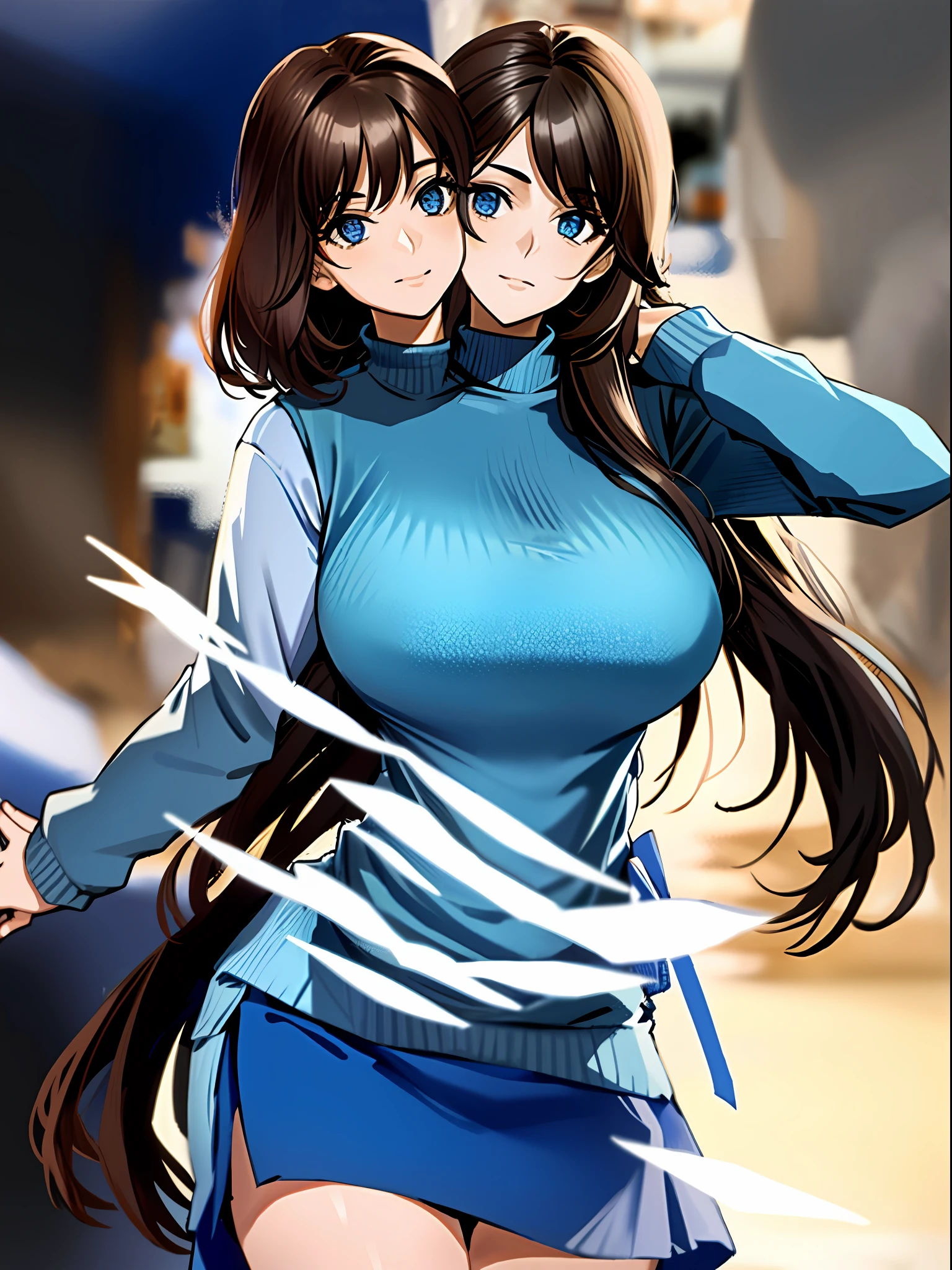 2heads, 2heads tribreasts, solo, close up, posing, long brown hair, blue sweater, outside,