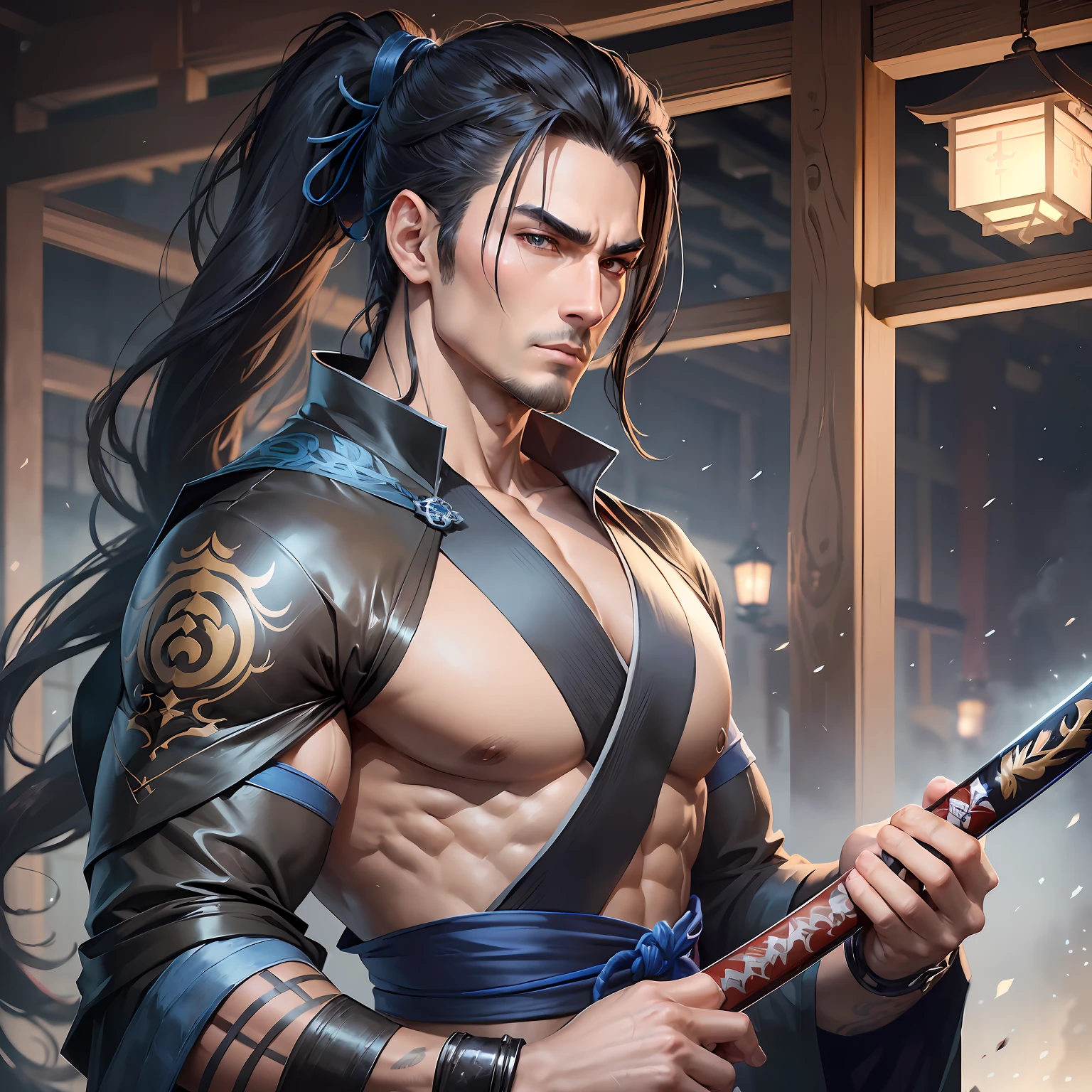 1male, surprisingly handsome and powerful with a muscular build-up, his long black hair pulled back into an elegant and voluminous ponytail, eyes of two piercing dark glowing, dressed in Japanese clothes, Japanese wanderer, clothes in blue, cloth around his neck in blue partially covering his face, comkatana, yasuo, lege the legends.