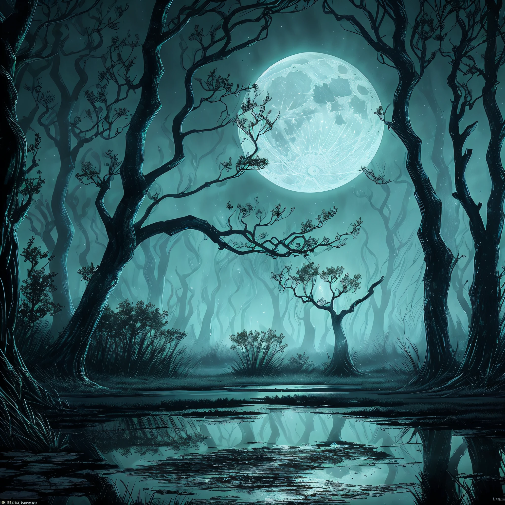 Generate an image of a mysterious, swamp-like setting under a night sky. The scene should be dominated by dark, gnarled trees casting long shadows, with the light of a full moon reflecting off the still waters of the swamp. The overall atmosphere should evoke a sense of mystery and intrigue.