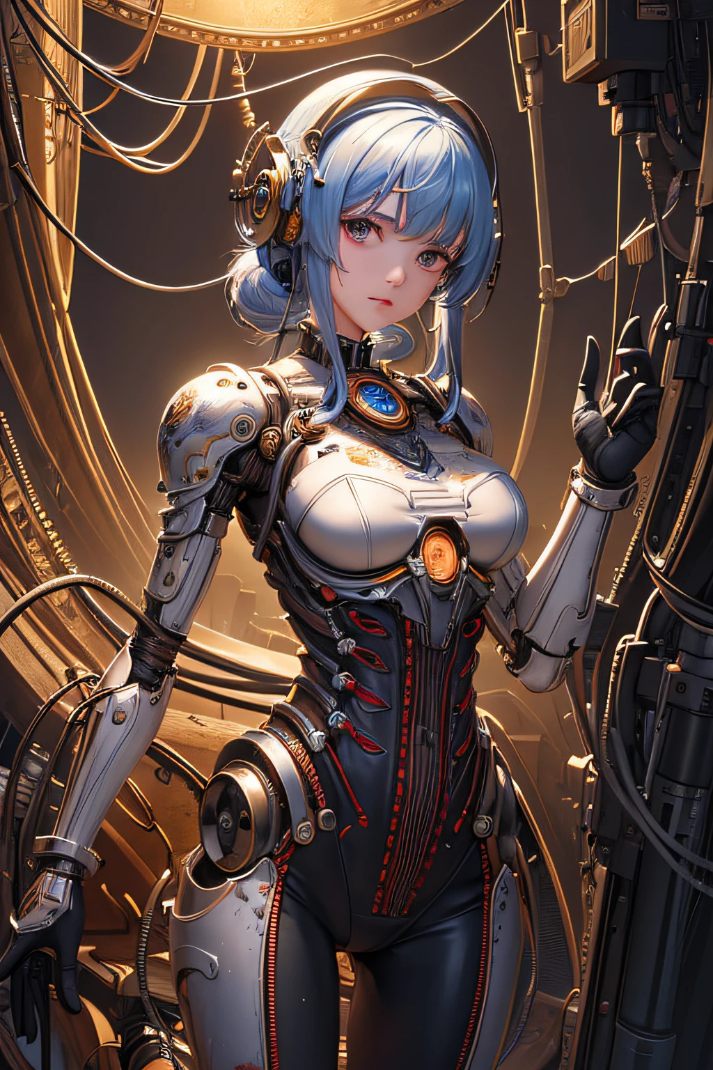 (((masterpiece))), (((best quality))), ((ultra-detailed)), (highly detailed CG illustration), ((an extremely delicate and beautiful)),cinematic light,((1mechanical girl)),solo,(cowboy shot:1.2),(machine made joints:1.2),((machanical limbs)),(blood vessels connected to tubes),(mechanical vertebra attaching to back),((mechanical cervial attaching to neck)),expressionless,(wires and cables attaching to neck:1.2),(wires and cables on head:1.2),(character focus),science fiction,extreme detailed,colorful,highest detailed, loongs,fengs,background,