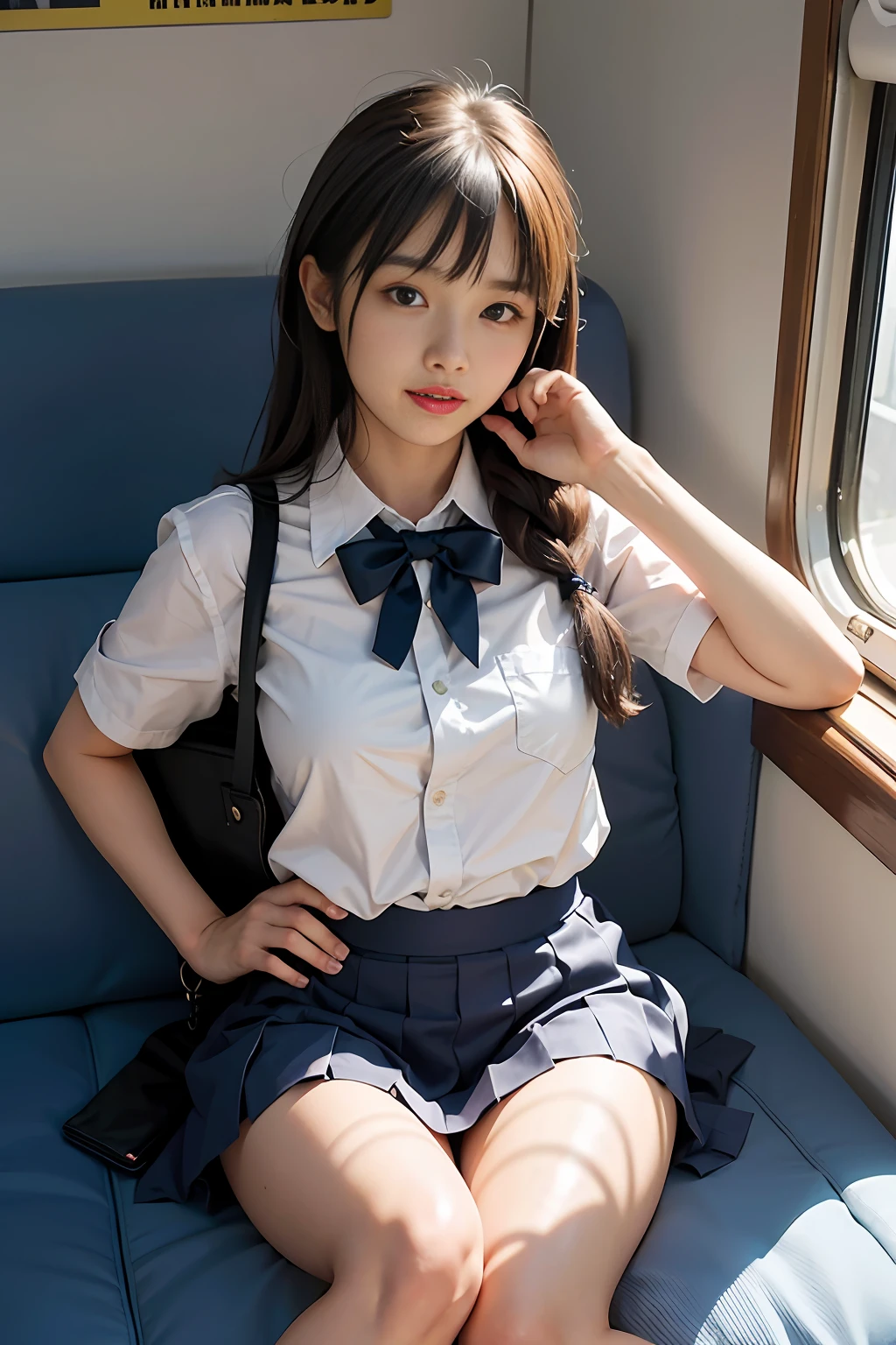 arafed asian woman in a short skirt and bow tie sitting on a train, cute schoolgirl, japanese girl school uniform, wearing japanese school uniform, japanese school uniform, a hyperrealistic schoolgirl, dressed as schoolgirl, hyperrealistic schoolgirl, wearing school uniform, realistic schoolgirl, girl wearing uniform, wearing a school uniform, of a schoolgirl posing, full body, nice skin, glowing skin, nice thighs,glowing thigh, glowing legs, ((panty))