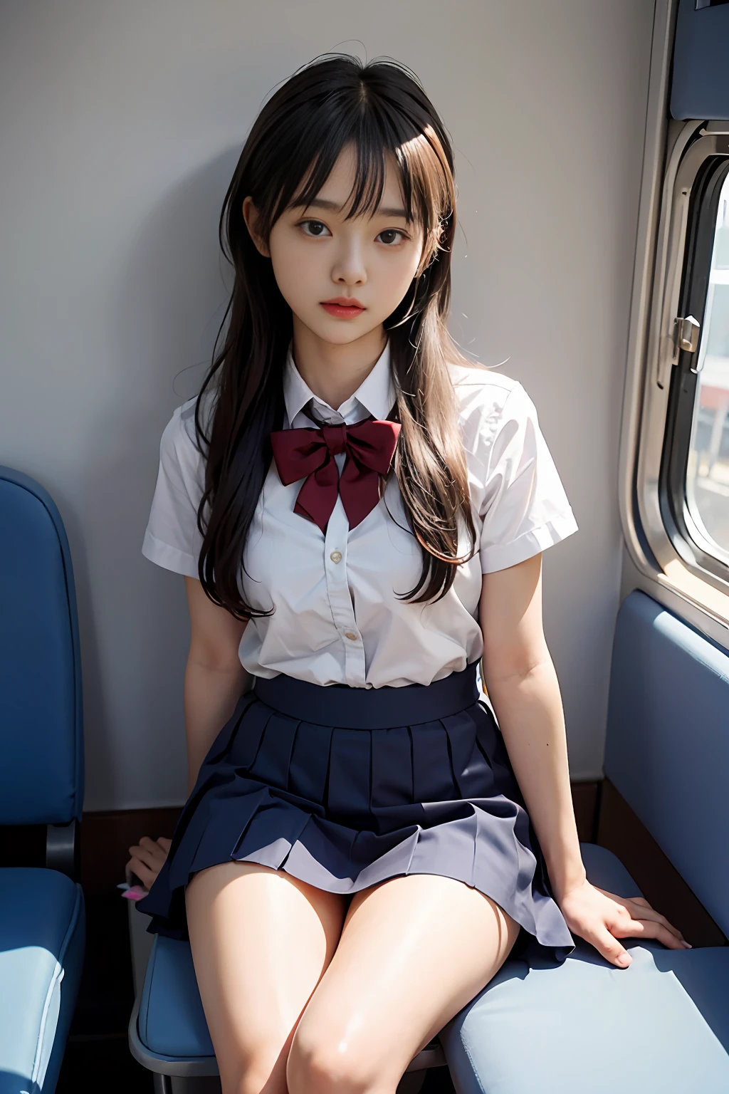 Arafed asian woman in a school uniform sitting on a train - SeaArt AI