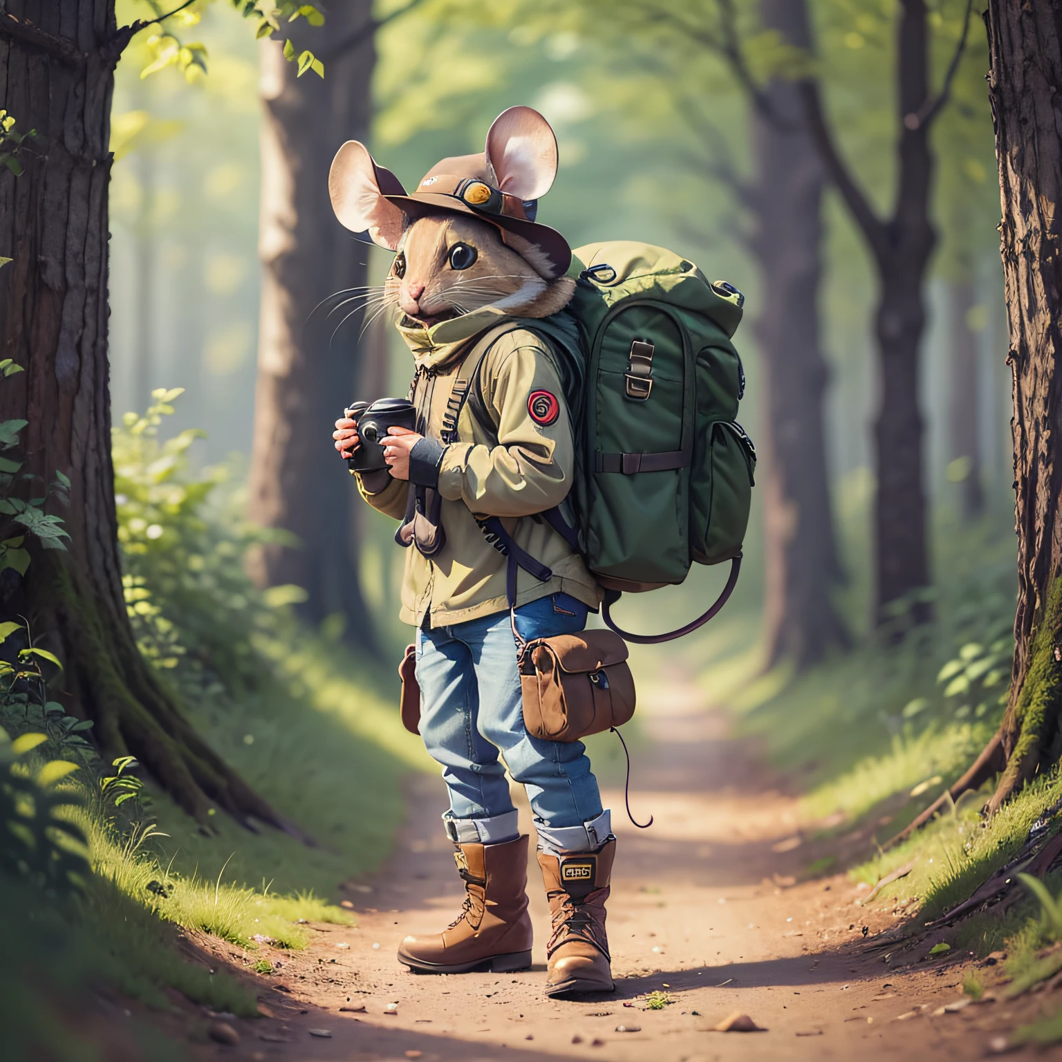 black mouse, with black boots, gray hat, backpack on the back and cane in hand --auto --s2