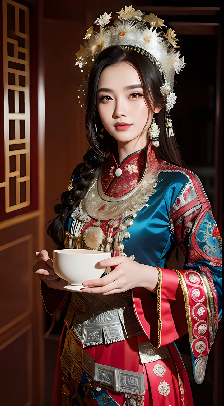 (8k, RAW Photo, Best Quality, Masterpiece: 1.2), (Realistic, Realistic: 1.37), 1 Girl, Aalfi Woman Posing for Photo in Red Dress and Headdress, Gorgeous Role Play, Beautiful Costume, Complex Fantasy Dress, Beautiful Fantasy Queen, Chinese Dress, Complex Dress, Complex Costume, Traditional Beauty, Gorgeous Chinese Model, Chinese Costume, Inspired by Lan Ying, Wearing Gorgeous Costume, Inspired by Puhua, wearing elegant Chinese Xiuhe dress, Chinese wedding dress, Phoenix crown Xia hand, antique bride