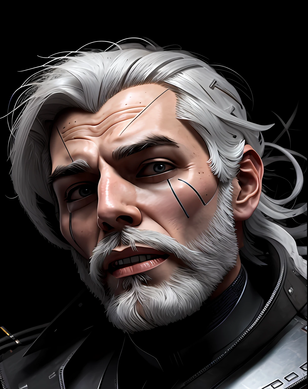 TiagoTurilli, man, realistic look, white hair, white beard, using gray magic, whole male robotic body in cyberpumk style, walking to a photo, short black hair, close-up portrait photo, handsome man, profile photograph, a portrait of rahul kohli, detailed portrait photo, by Zahari Zograf, beach background in Dubai, ultra realistic, 8k
