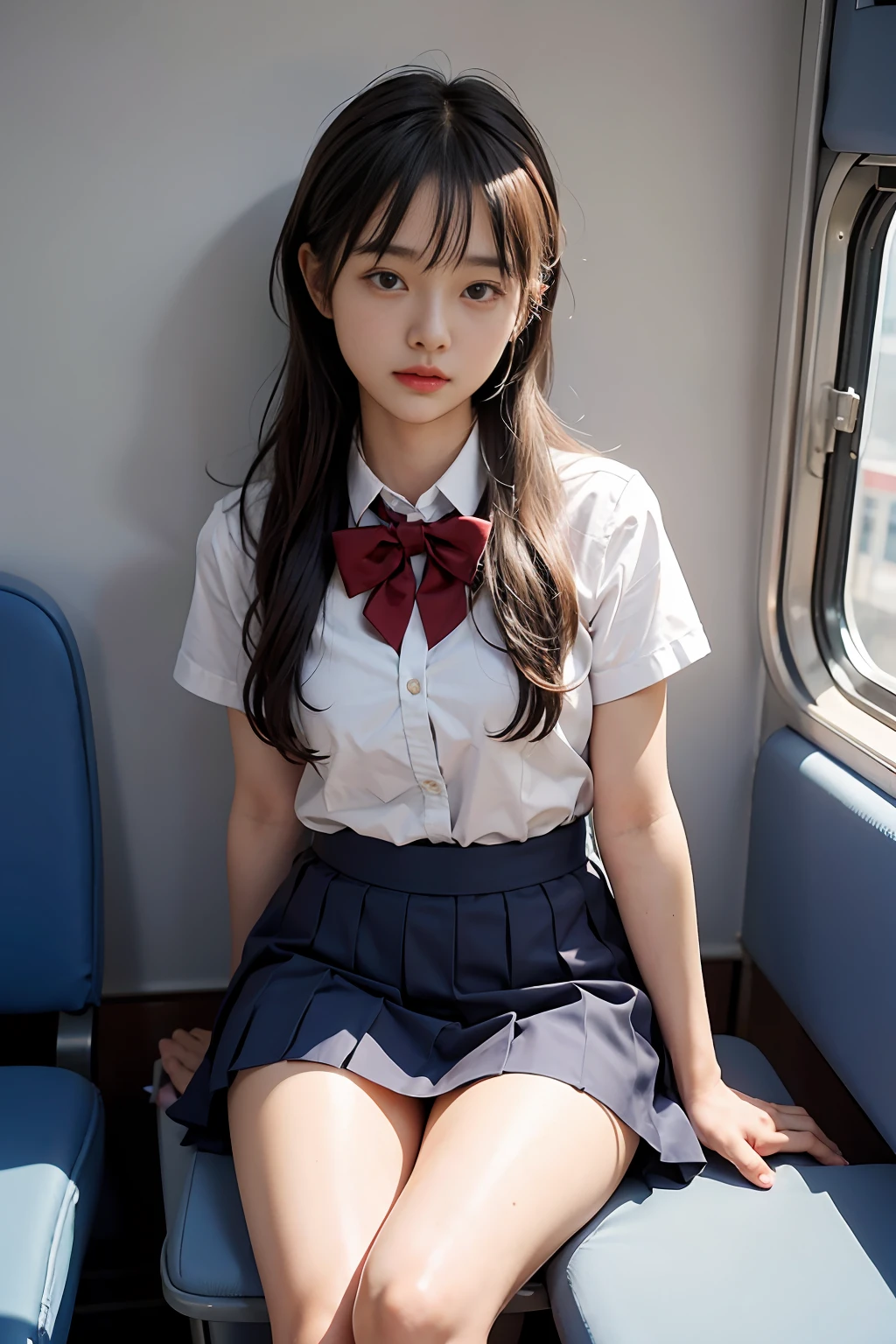 arafed asian woman in a short skirt and bow tie sitting on a train, cute schoolgirl, japanese girl school uniform, wearing japanese school uniform, japanese school uniform, a hyperrealistic schoolgirl, dressed as schoolgirl, hyperrealistic schoolgirl, wearing school uniform, realistic schoolgirl, girl wearing uniform, wearing a school uniform, of a schoolgirl posing, full body, nice skin, glowing skin, nice thighs,glowing thigh, glowing legs, ((panty))