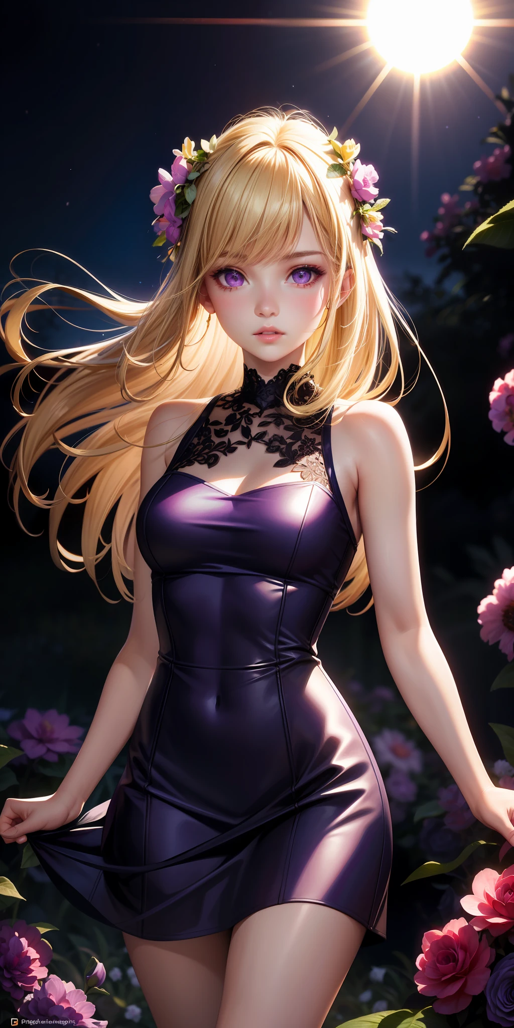 realistic, 1girl, Blond hair, purple eyes, glowing eyes, short dress, parted lips, blush, night, flowers, sun, sunlight,