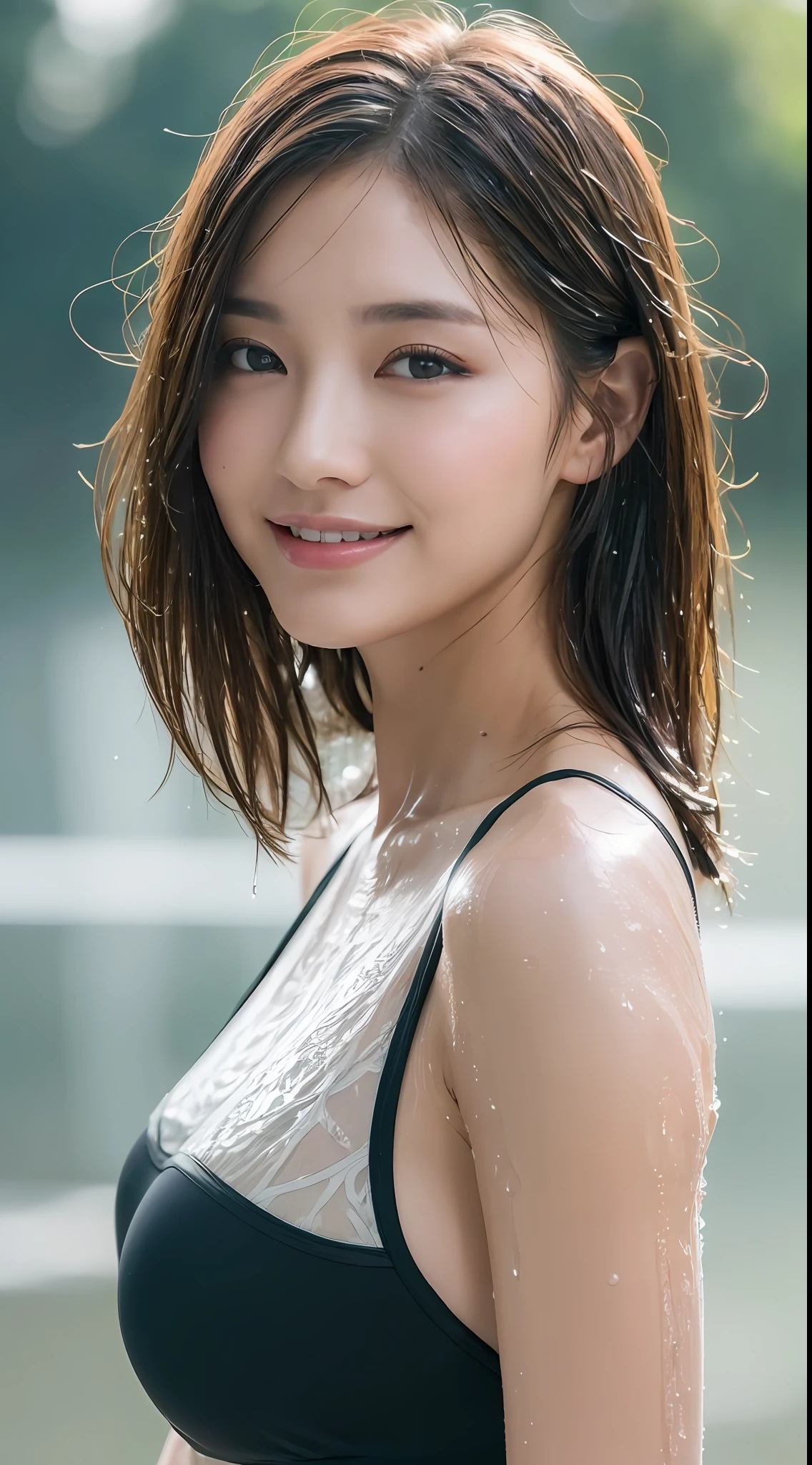 (Top Quality, 4k, Masterpiece: 1.3), Beauty, 1 Girl, Sexy: 1.1, Dark Brown Hair: 1.1, (Wet Rain, Wet Body: 1.2), Swimsuit, Ultra Detailed Face, Detailed Lips, Detailed Eyes, Double Eyelids Look Back Profile Short Bob Smile