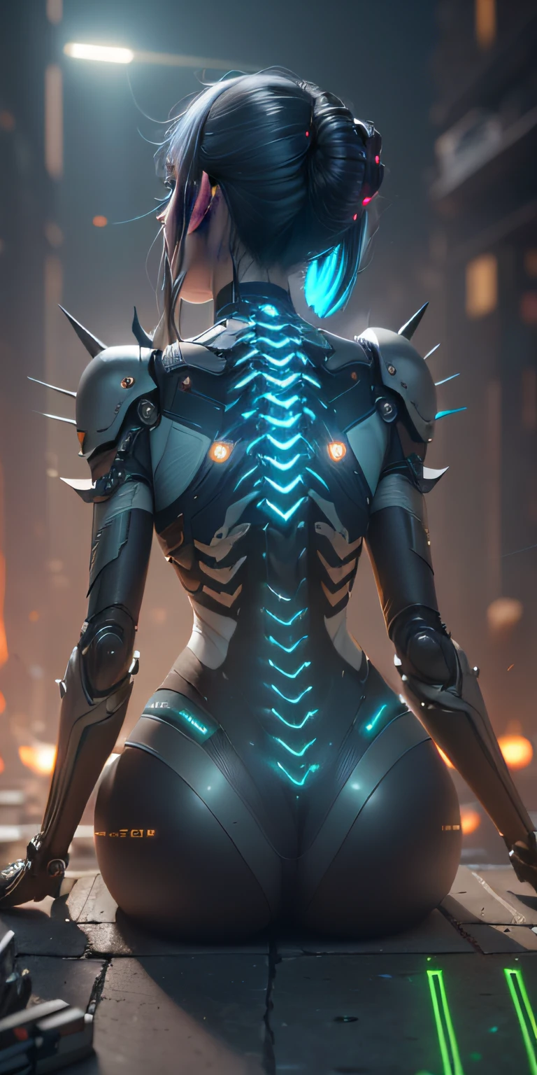 (from back:1.5), (1mechanical girl:1.5), solo, Slim waist, thick thighs, (sitting:1.2), (machine made joints:1.2),(machanical limbs:1.1),(blood vessels connected to tubes),(mechanical vertebra attaching to back),(mechanical cervial attaching to neck), lights on armor, mecha headglass, (Luminous spine:1.5), (laser eyes:1.5), expressionless, huge breast,
colorful,hdr, ray tracing, nvidia rtx, super-resolution, unreal 5, subsurface scattering, pbr texturing, post-processing, anisotropic filtering, depth of field, maximum clarity and sharpness, rule of thirds, 16k raw, (luminescent particles:1.4), extremely detailed cg, unity 8k wallpaper, 3d, cinematic lighting, lens flare, reflections, sharp focus, cyberpunk art, realistic, highly detailed CG illustration, an extremely delicate and beautiful, cinematic light, (photorealistic:1.5), (Dark background:1.5),dynamic angle, masterpiece, best quality, ultra-detailed, illustration, detailed light, dramatic_shadow,face shadow,extra detailed,best performance,