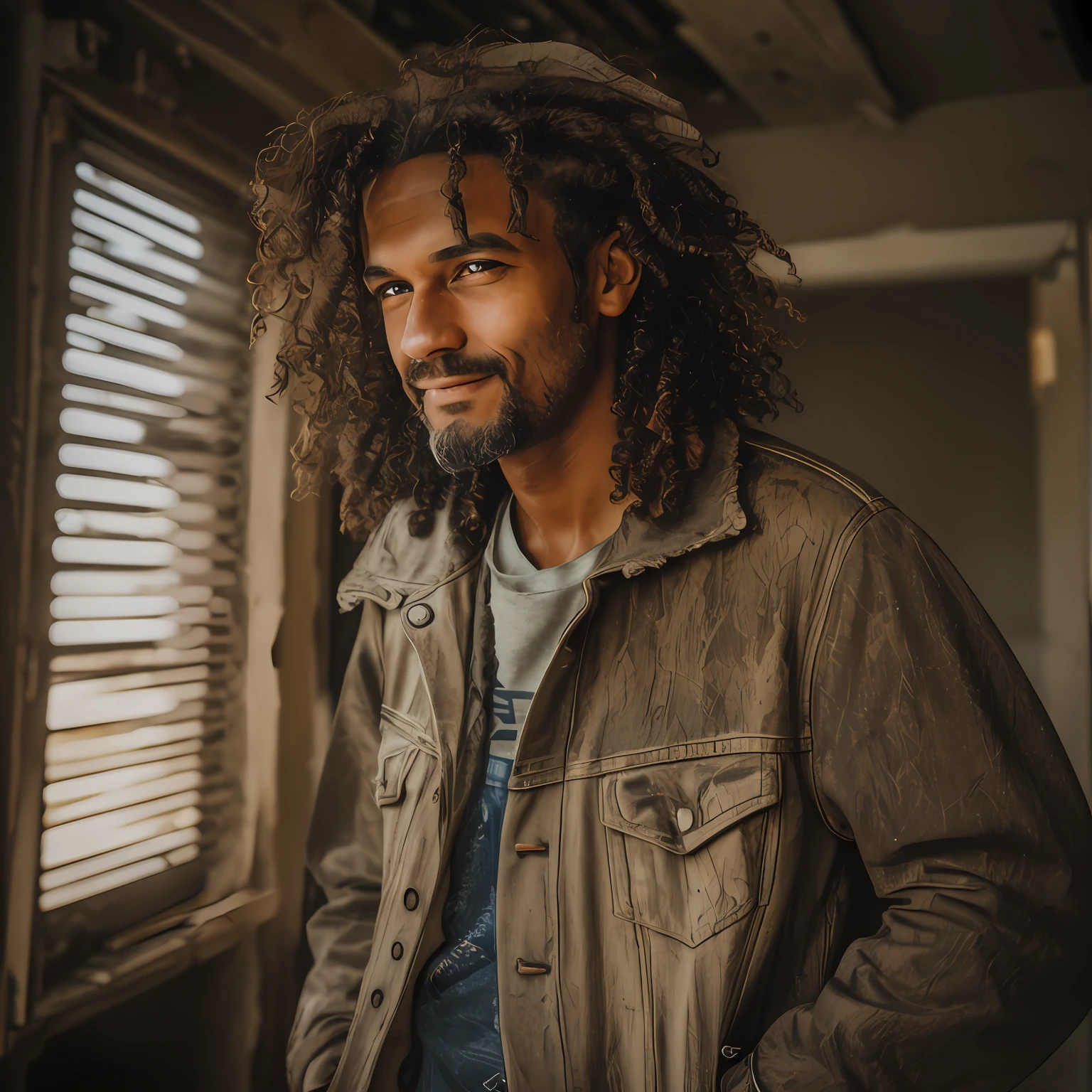 (Modelshoot style), A happy, homeless man ((wearing a torn old outfit)), (shy), 1man, solo, curly brown hair and messy, very detailed face, gorgeous eyes, [skinny], lovely, brown eyes, gorgeous, contemplating sunset (Rembrandt Lighting), zeiss lens, mid-length photo, ultra realistic, (highly detailed skin: 1.2), 8k uhd, dslr, Dramatic Rim light, high quality,  film grain, Fujifilm XT3, ((in a very dusty and dirty Den)) --auto --s2