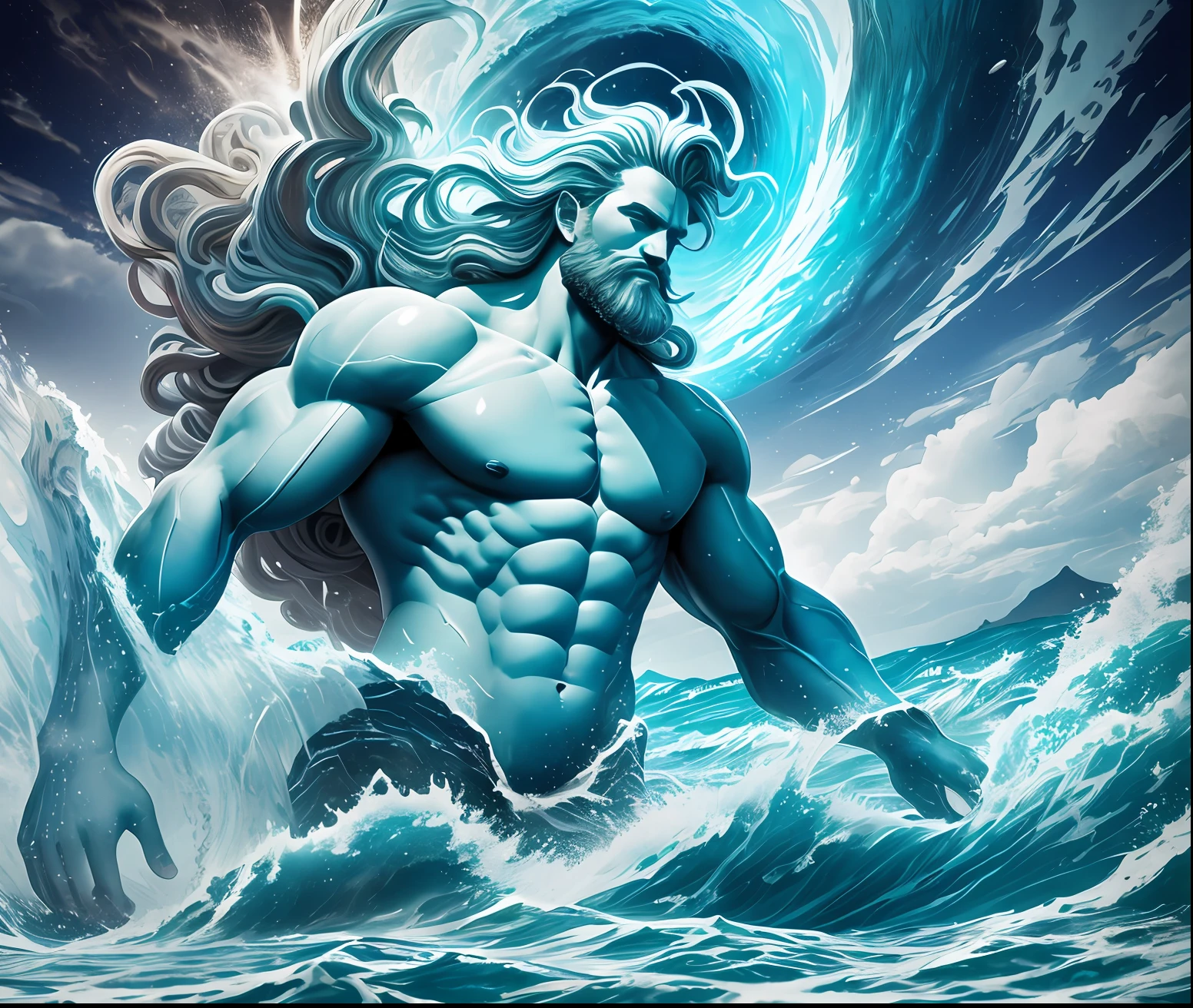 Double exposure of an otherworldly seascape, merging with the image of Neptune's trident piercing the surface of the water, creating a dramatic burst of energy and waves, with the god's regal figure towering in the background, evoking a sense of power and control over the ocean's forces, Illustration, digital art, --ar 16:9 --v 5 --auto --s2