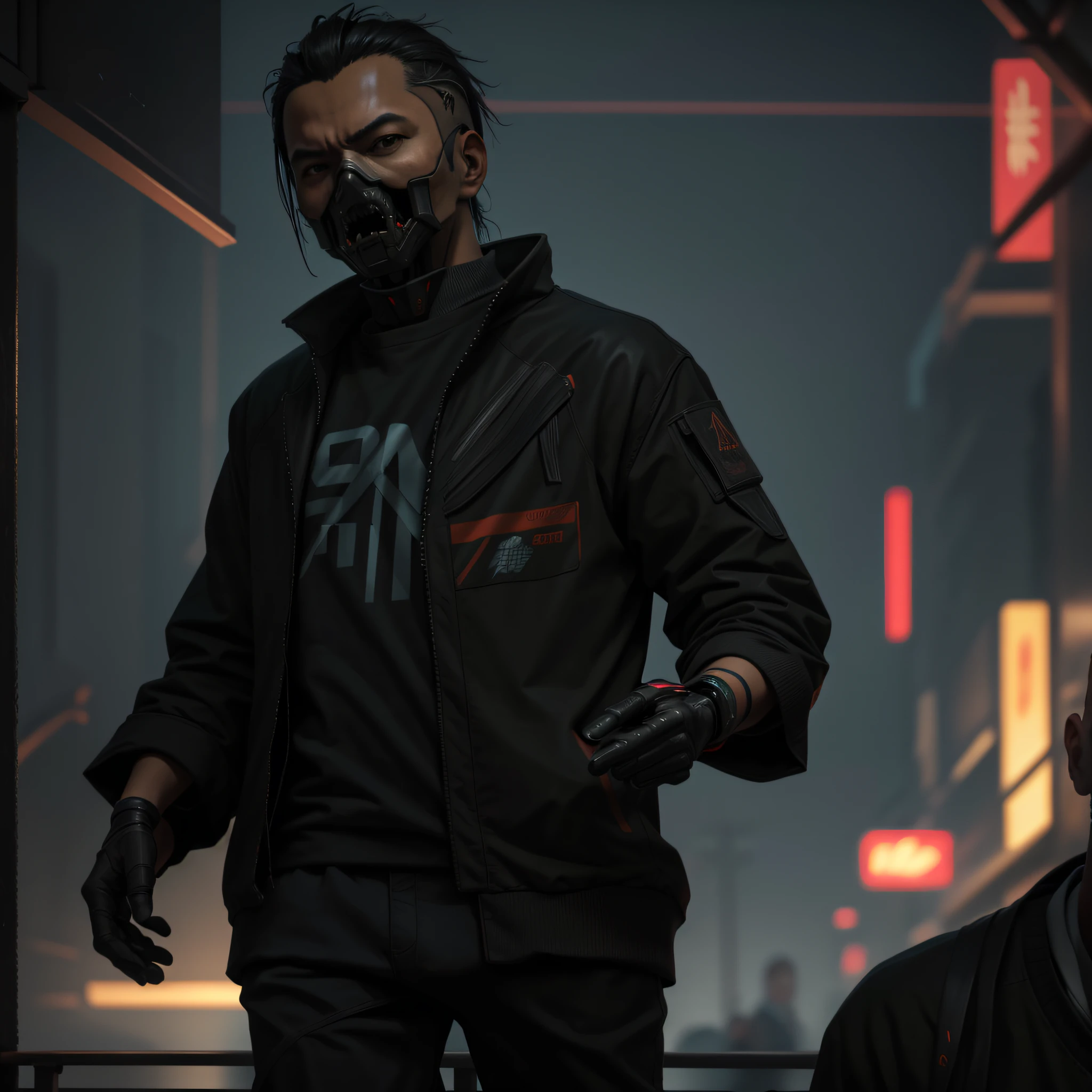 (photorealistic: 1.4), (best quality: 1.0), (ultra highres: 1.0), 8k, RAW photo, (masterpiece: 0.2), portrait, Cybernetic_Jawless, mask, 1man, asian, black jacket, (Cyberpunk Street:1.2) ultra-realistic image, images of real people (real lighting), (real brightness), high quality, real images