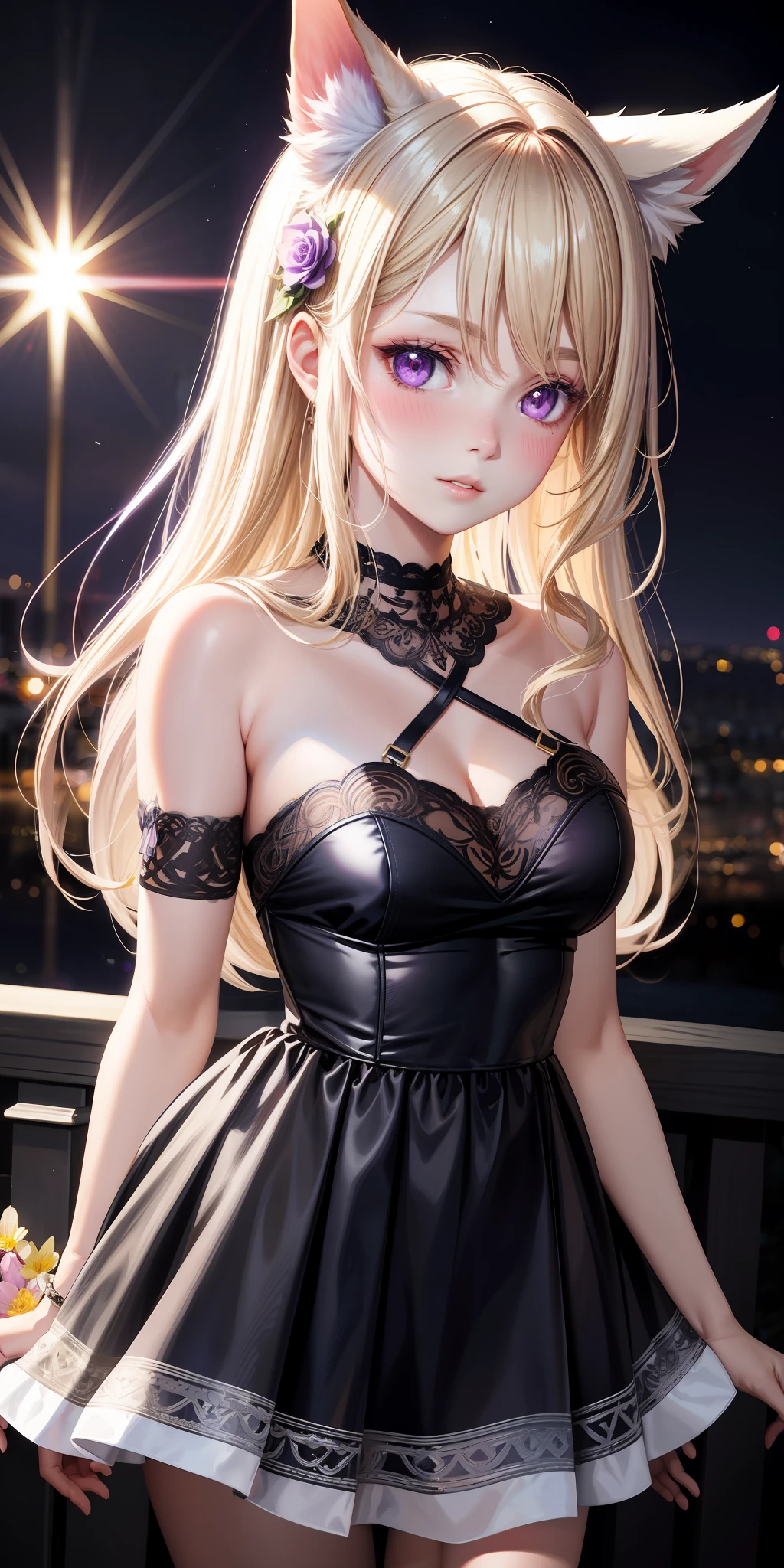 realistic, 1girl, blond wavy hair, purple eyes, glowing eyes, short dress, visible shoulders, parted lips, blush, night, flowers, sun, sunlight, dog ears