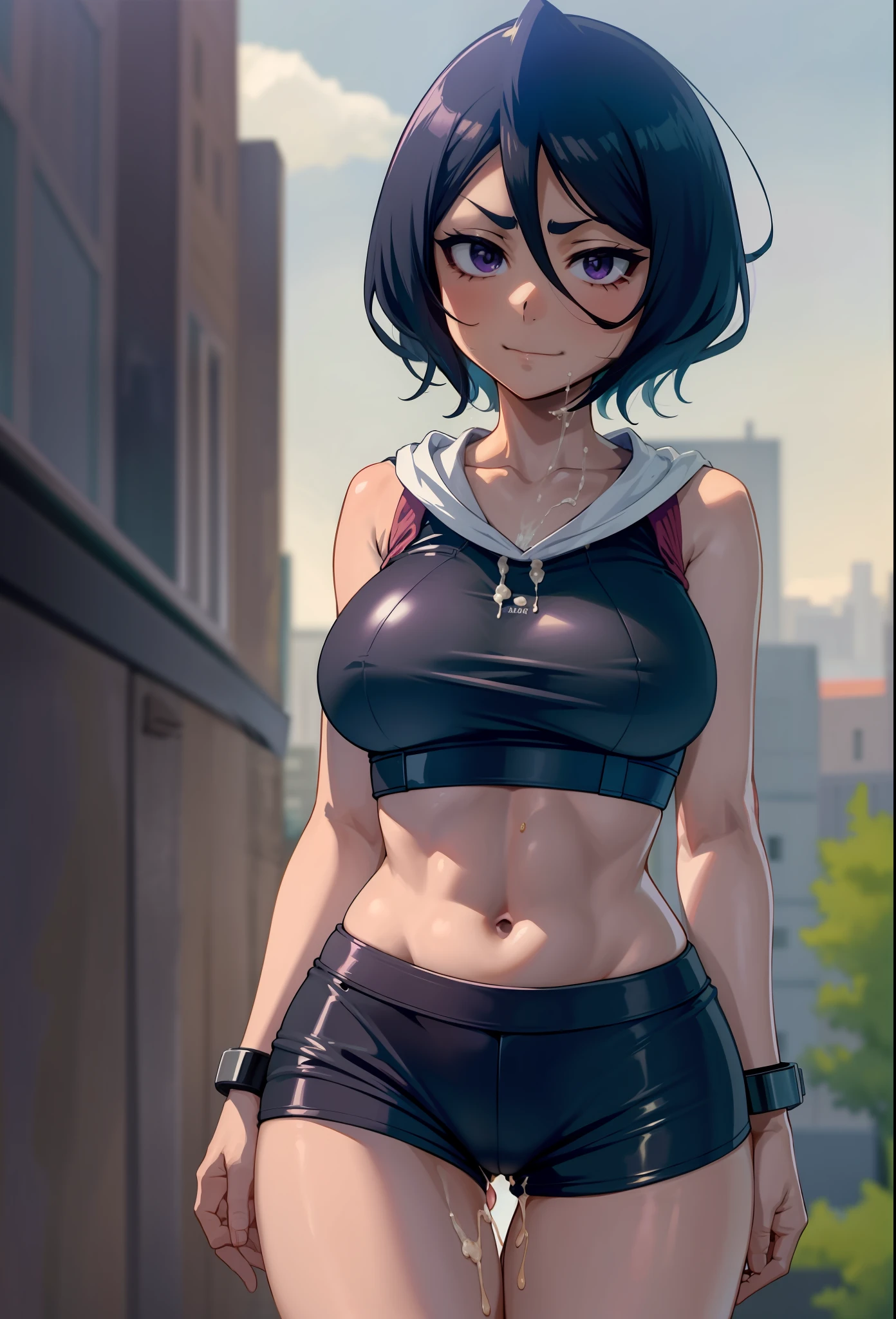 anime screencap, city, 1girl, solo, short hair, black hair, purple eyes, looking at the viewer, hair between eyes, closed mouth, smirk, sweatshirt, lower chest, sleeveless, short shorts, female groin, bare legs, big ass, chubby legs, cum bathed, cum on hair, cum glass of cum