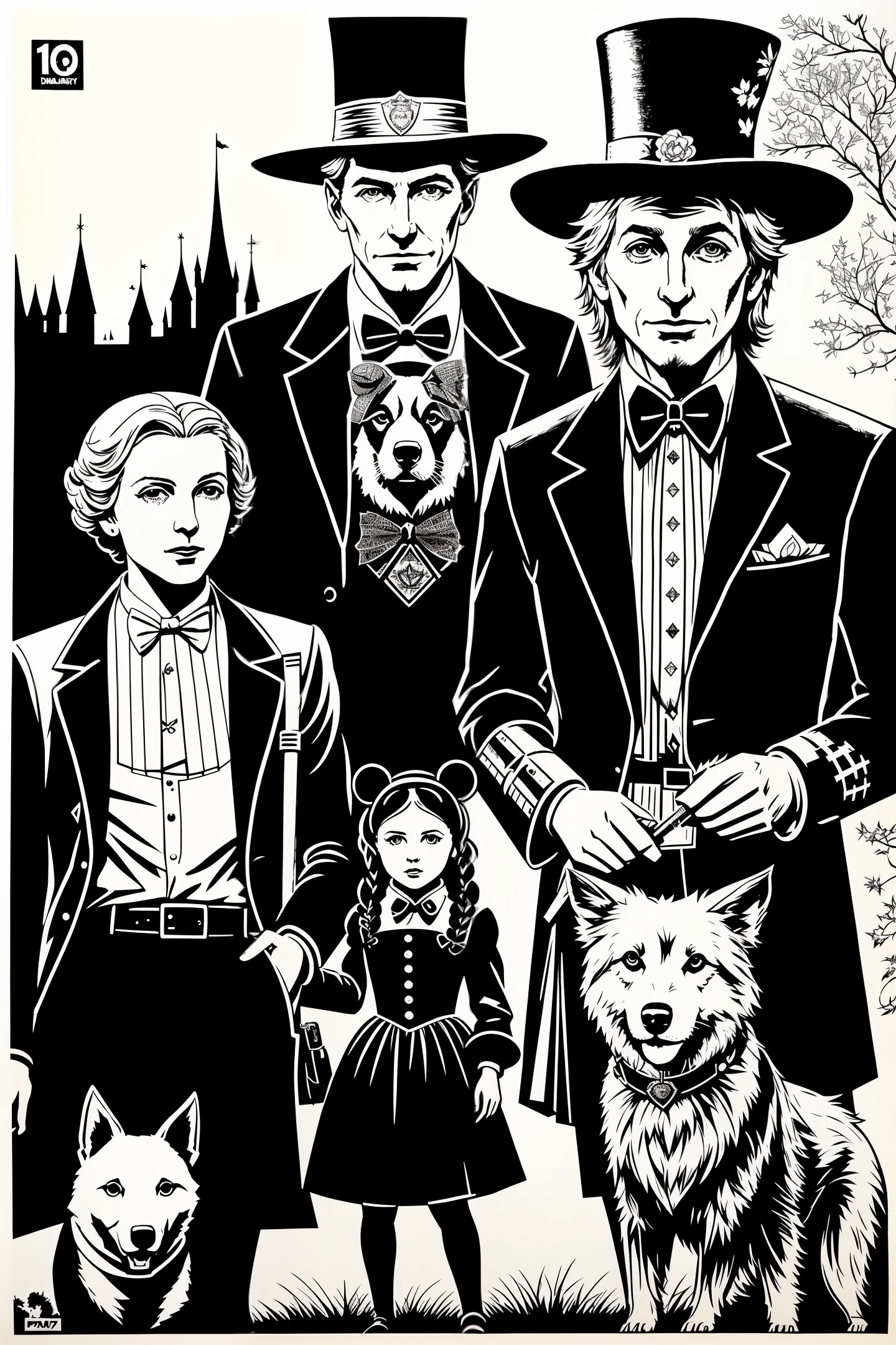 there is a drawing of a man and a woman with a dog, a screenprint by Paul Bird, tumblr, pop art, oz, official print, style dan hillier, banksy graffiti, the wizard of oz, “diamonds, disney and dan hillier, 2014, 2 0 1 4, wizard of oz, policeman, (screen print)
