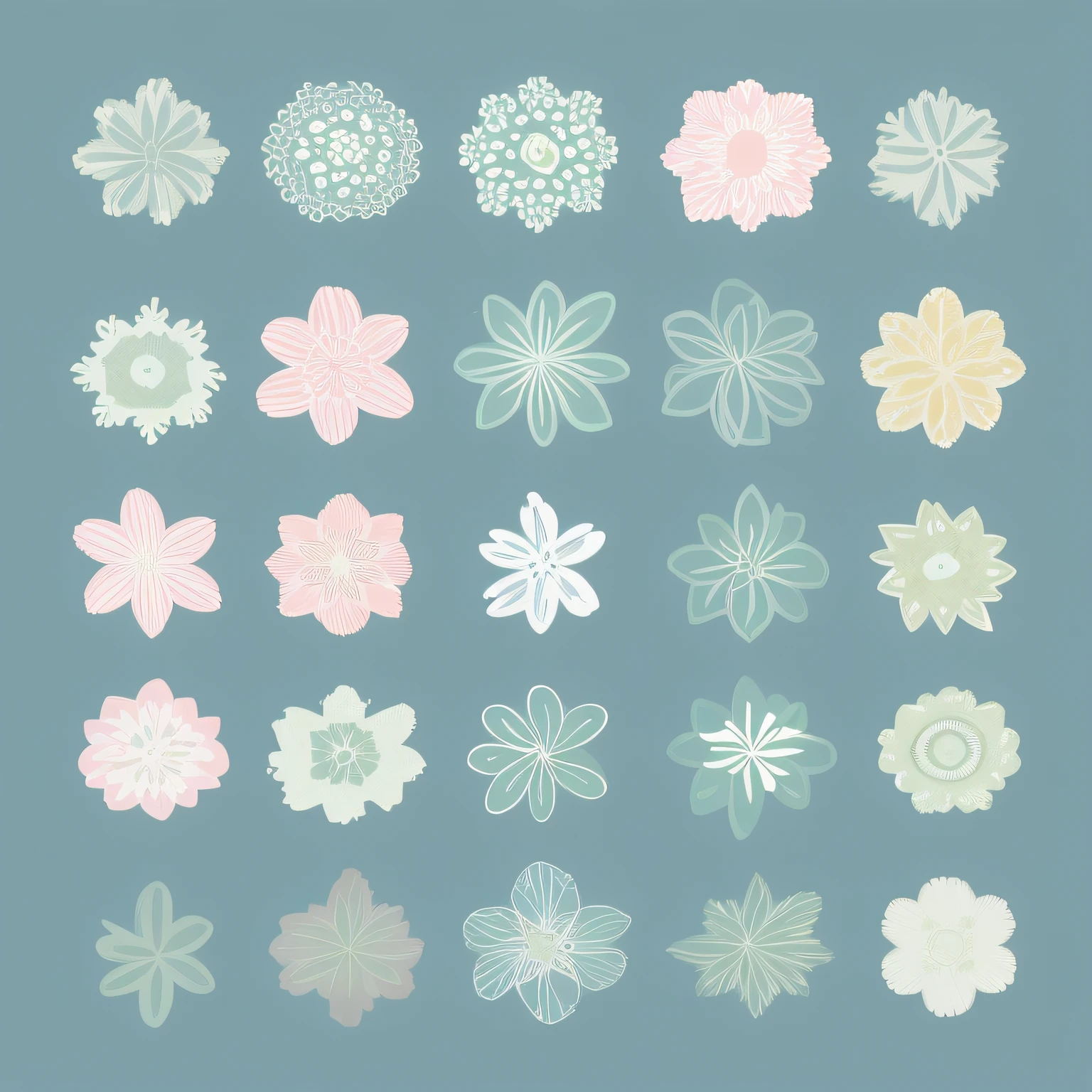 Defined small flower pattern, label style, flat style, vector style, drawing style, naïve style, in very soft pastel colors such as old pink, pastel green, pastel blue, pastel blue, light blue, beige, light pastel yellow. White background.