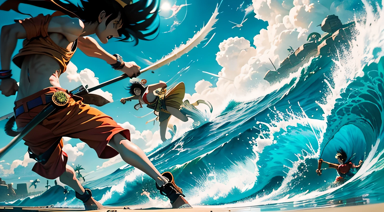 Draw Monkey D. Luffy from One Piece in an action scene, fighting a group of enemies on a deserted beach. The sun is shining brightly in the blue, cloudless sky, while the palm leaves churn with the gentle sea breeze. The shading is cinematic, highlighting the determined expressions of Luffy and his opponents. Use an anime CG style and vibrant colors to create an exciting and exciting atmosphere for the target audience of young adults. --auto --s2