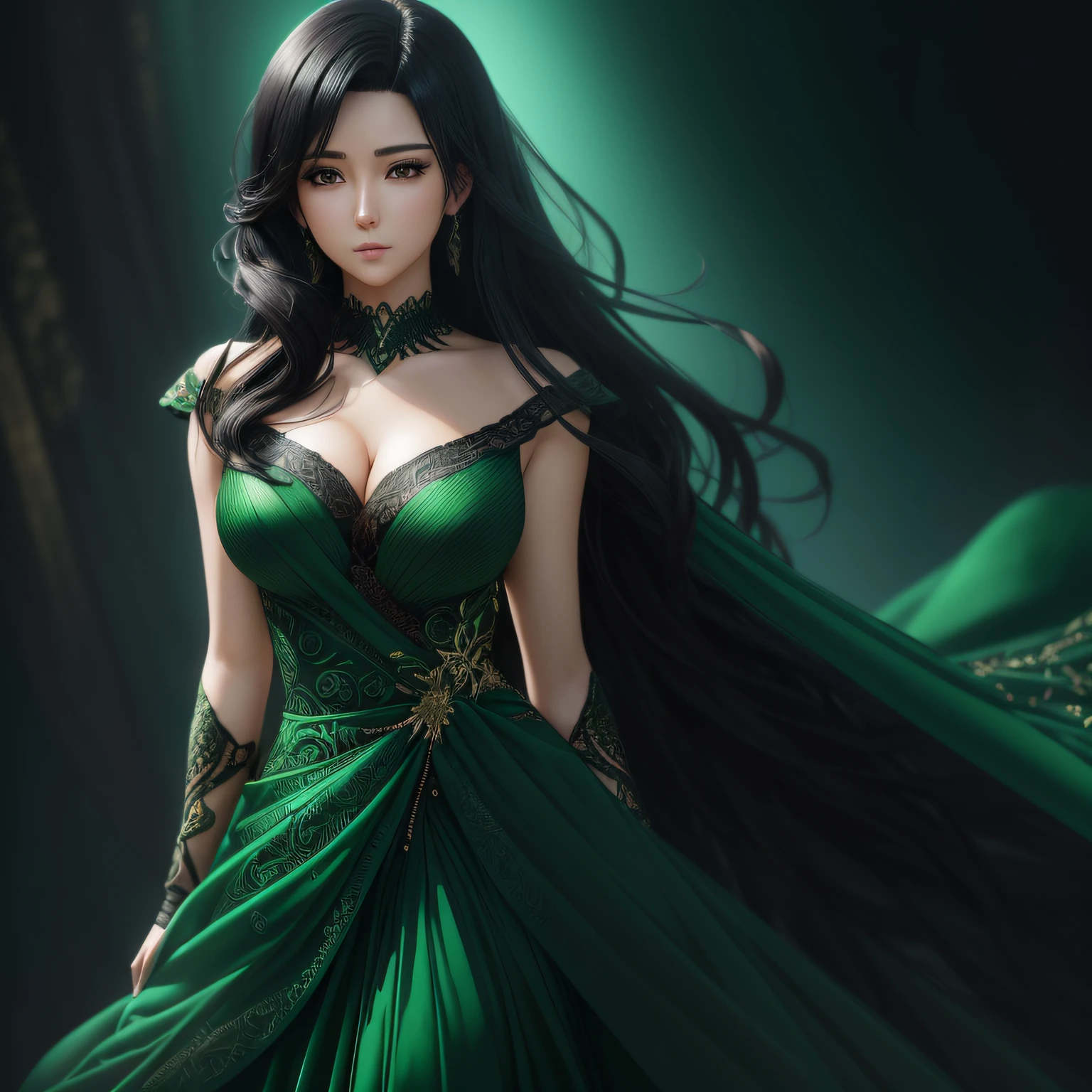 (ultra-realistic anime photography, full-body portrait, stunning 25-year-old woman elegantly styled with black hair, adorned in a breathtaking green dress, highly detailed features) --auto --s2