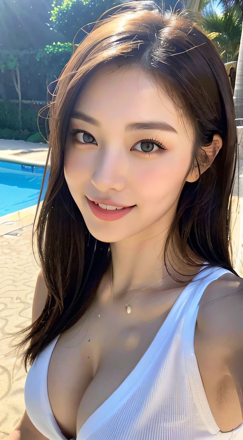 (Best quality, 8k, 32k, Masterpiece, UHD:1.2),Photo of Pretty Japanese woman, 1girl, (large breasts:1.2), (tall female), (abs, slim figure:1.2), (lips), (medium-short dark brown hair), double eyelid, wet shirt, realistic ray light, pool,smile, sexy, on the beach, swimming , eating banana