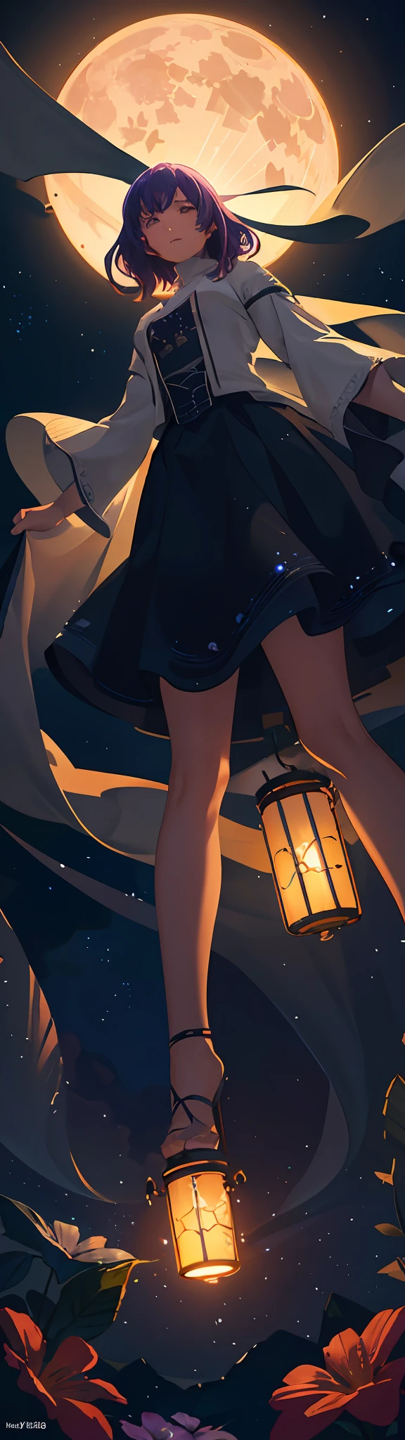 Vast landscape photos, (from below, the sky above, open fields below), a girl standing on a flower field looking up, character portrayals, (Full Moon: 1.2), (Meteors: 0.9), (Nebula: 1.3), distant mountains, Trees BREAK Making art, (Warm light source: 1.2), (Firefly: 1.2), lamps, lots of purple and orange, intricate details, volumetric lighting, realism BREAK (Masterpiece: 1.2), (Best Quality), 4K, Ultra-Detailed, (Dynamic Composition: 1.4), Very Detailed, Colorful Detail, (Iridescent Color: 1.2), (Glow Illumination, Atmospheric Lighting), Dreamy, Magical, (Solo: 1.2)